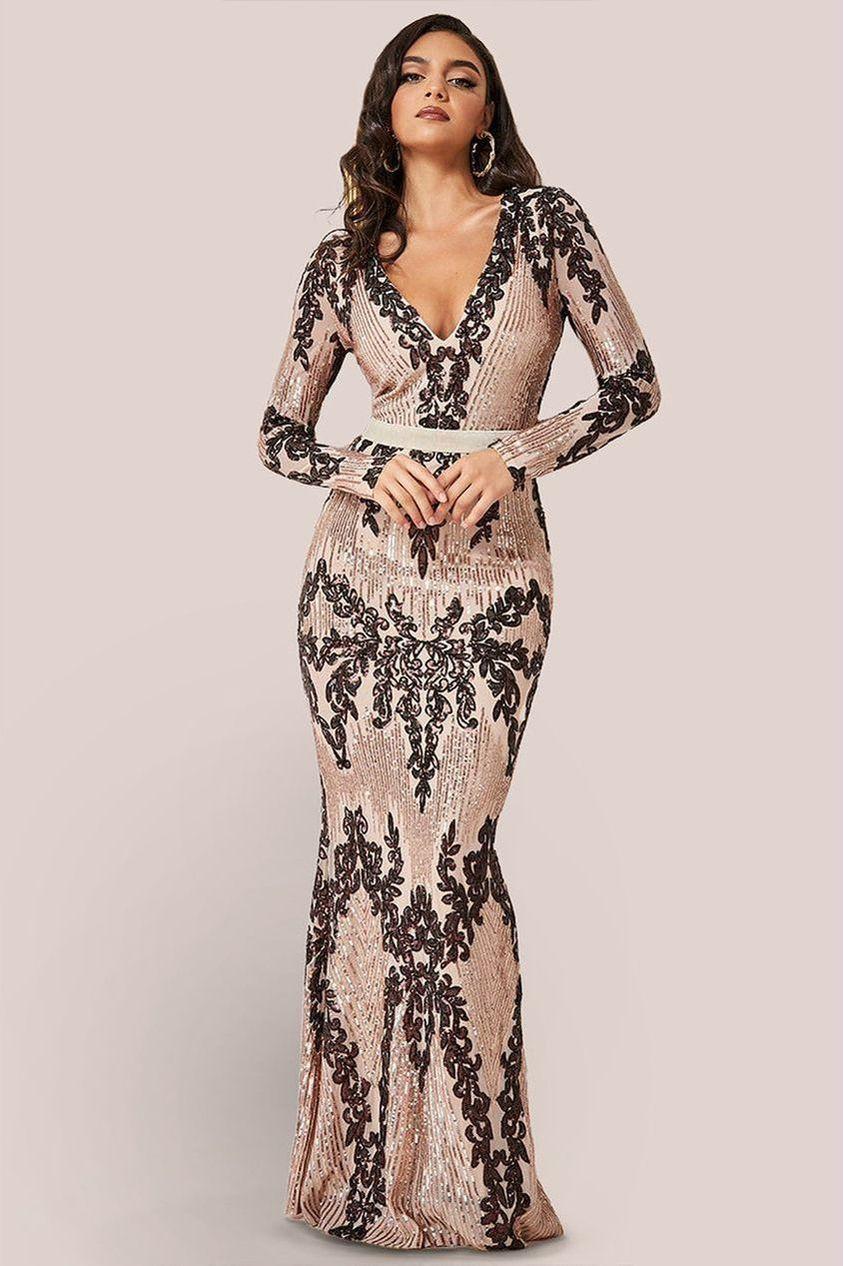 Goddiva Long Sleeve Sequin Evening Maxi Dress
