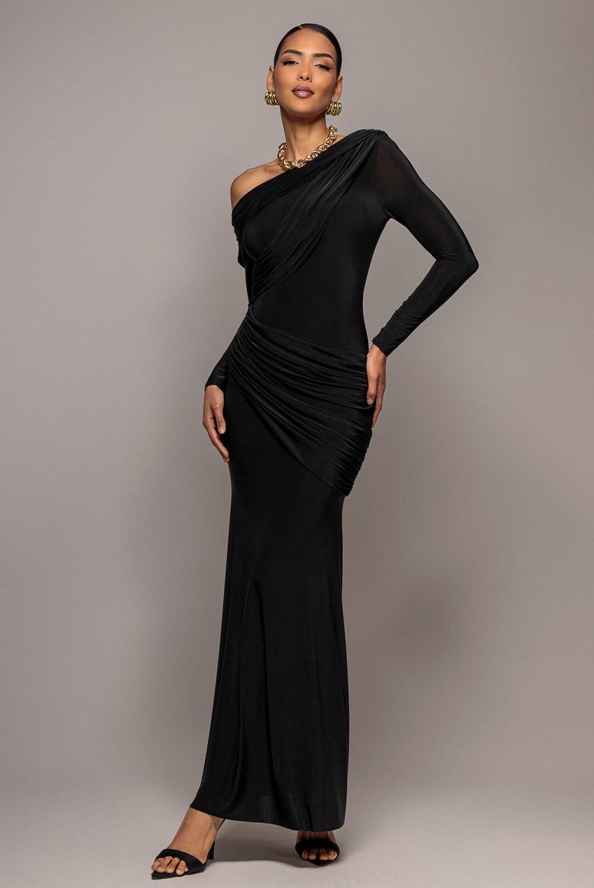 black long sleeve asymmetrical dress Adrianna Papell Asymmetrical Crepe Dress, Black, 4