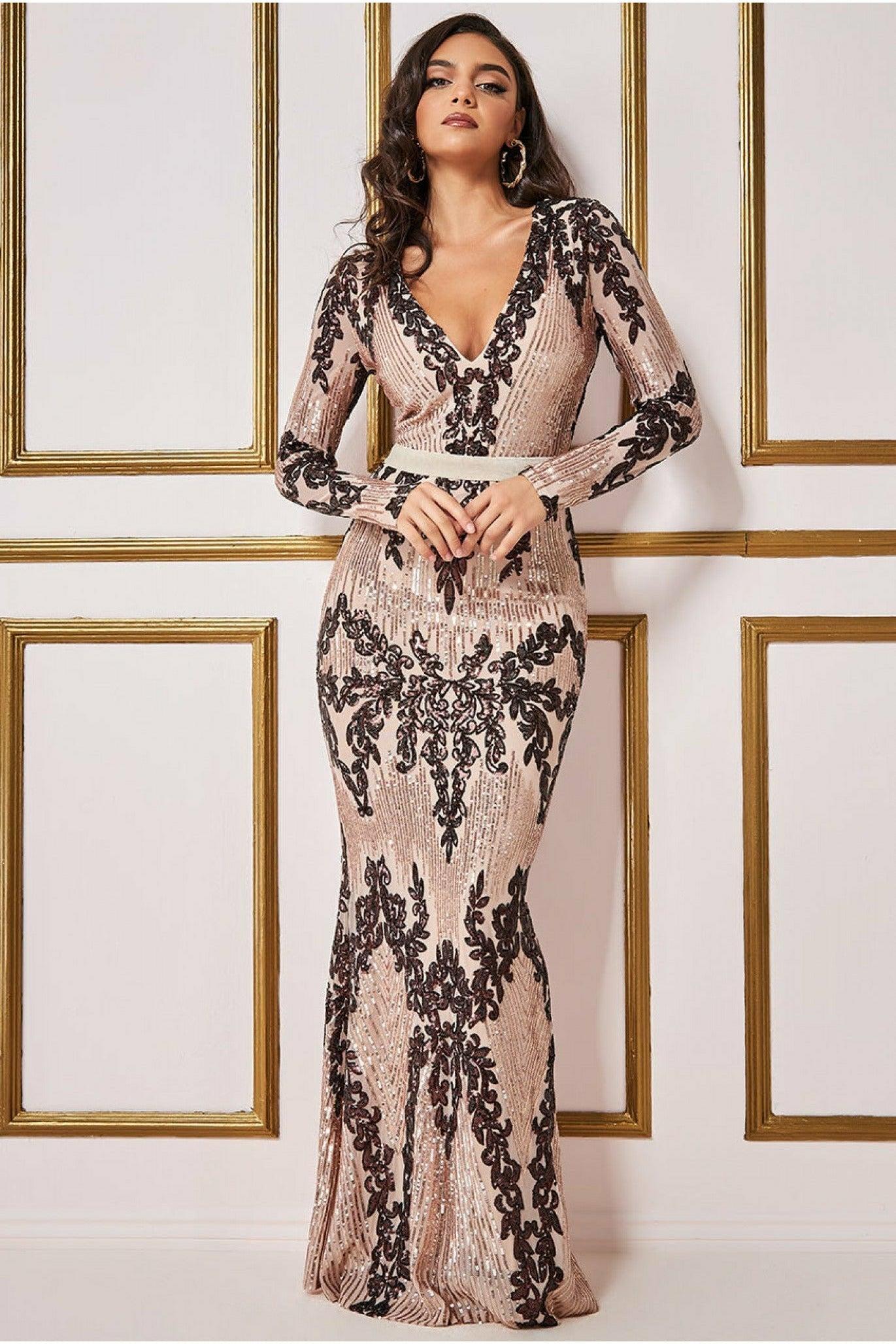 Goddiva Long Sleeve Sequin Evening Maxi Dress | Lyst UK