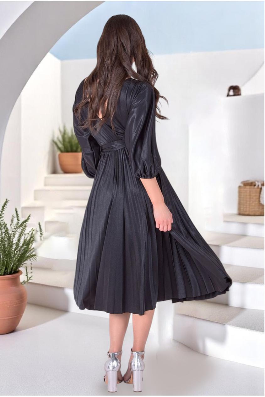 Satin Pleated Black Pleated Wrap Dress Flare Sleeves Wrap Pleated