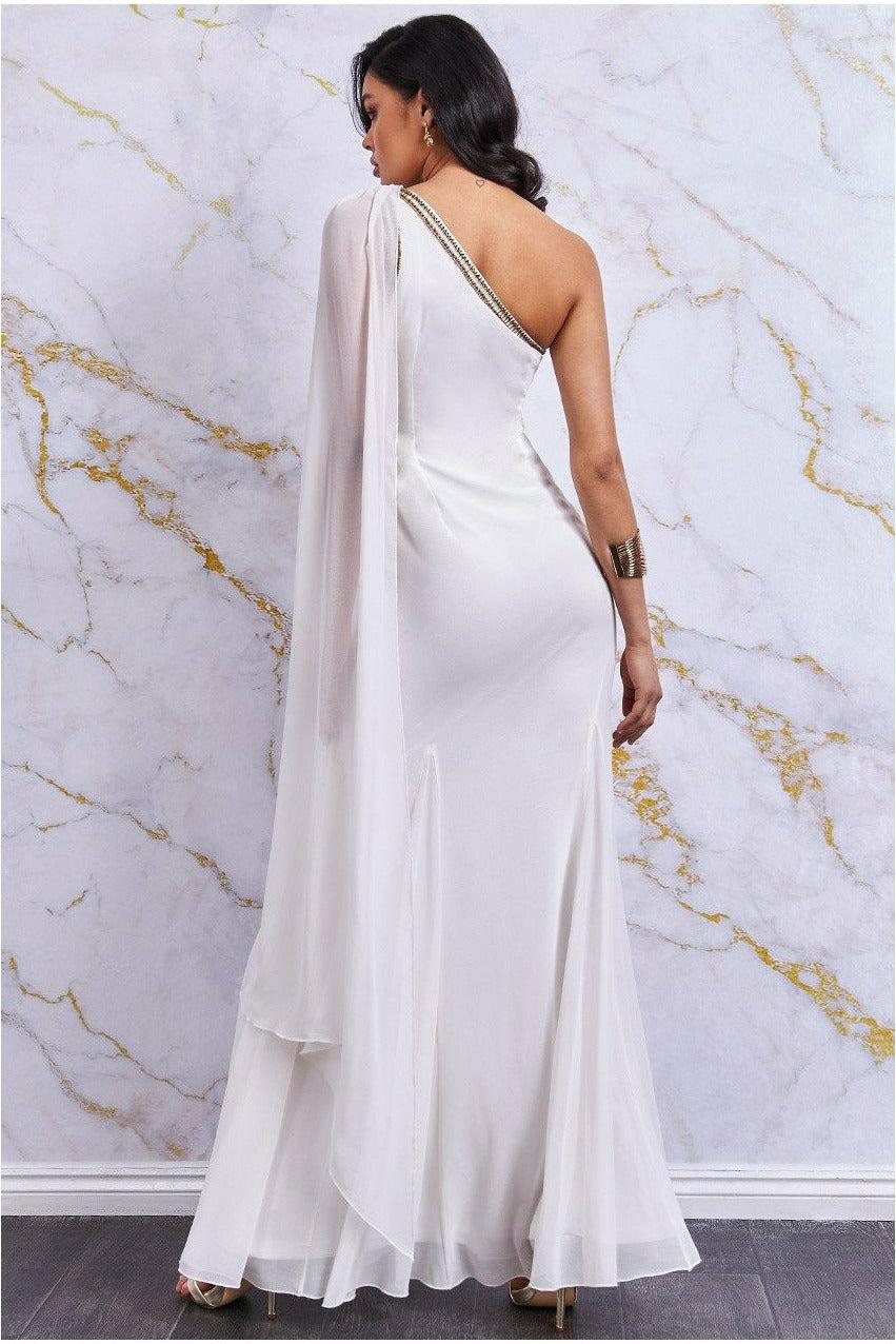 Goddiva Embellished One Shoulder Grecian Maxi Dress in Natural | Lyst