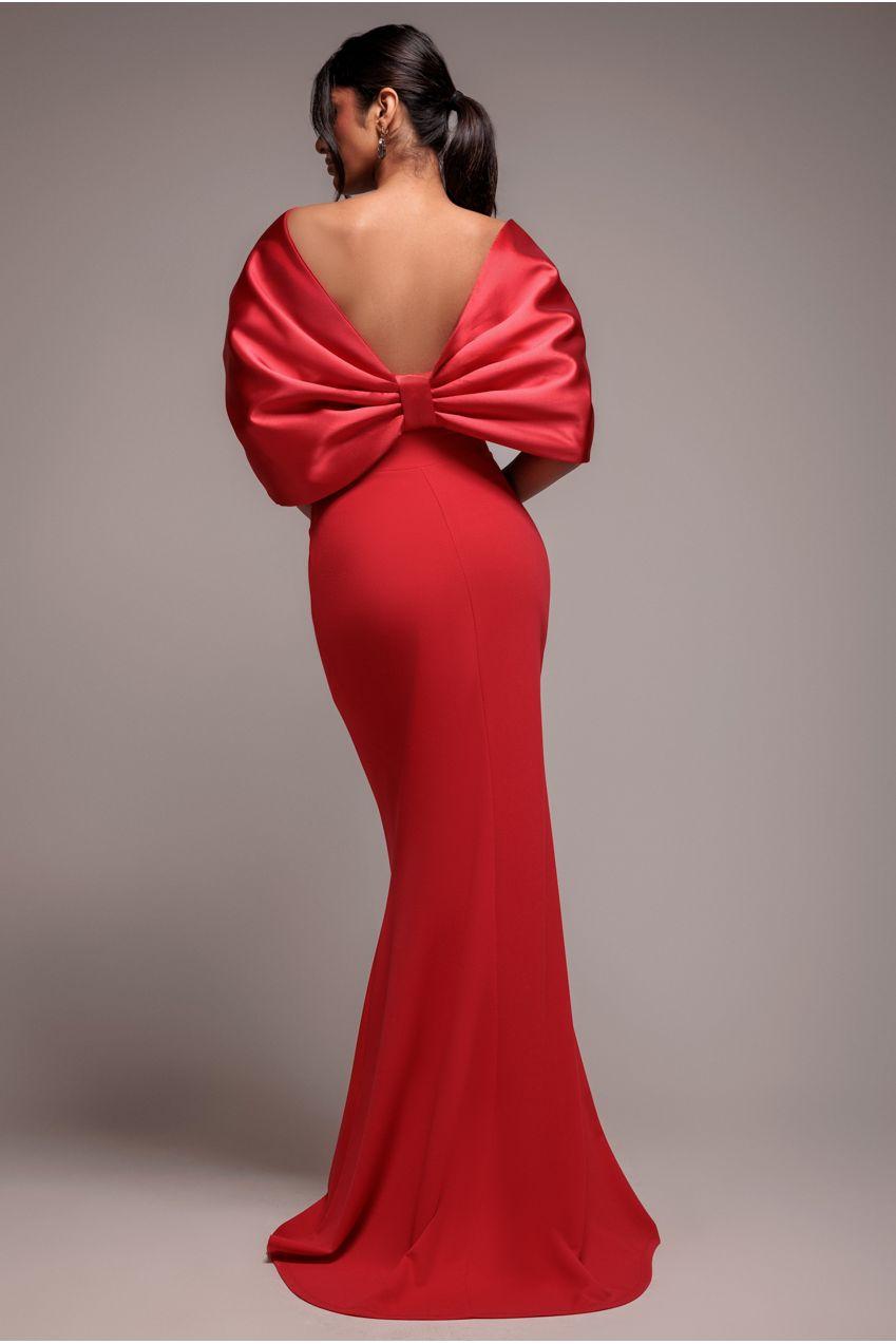 Goddiva Off Shoulder Back Satin Bow Scuba Maxi Dress in Red | Lyst