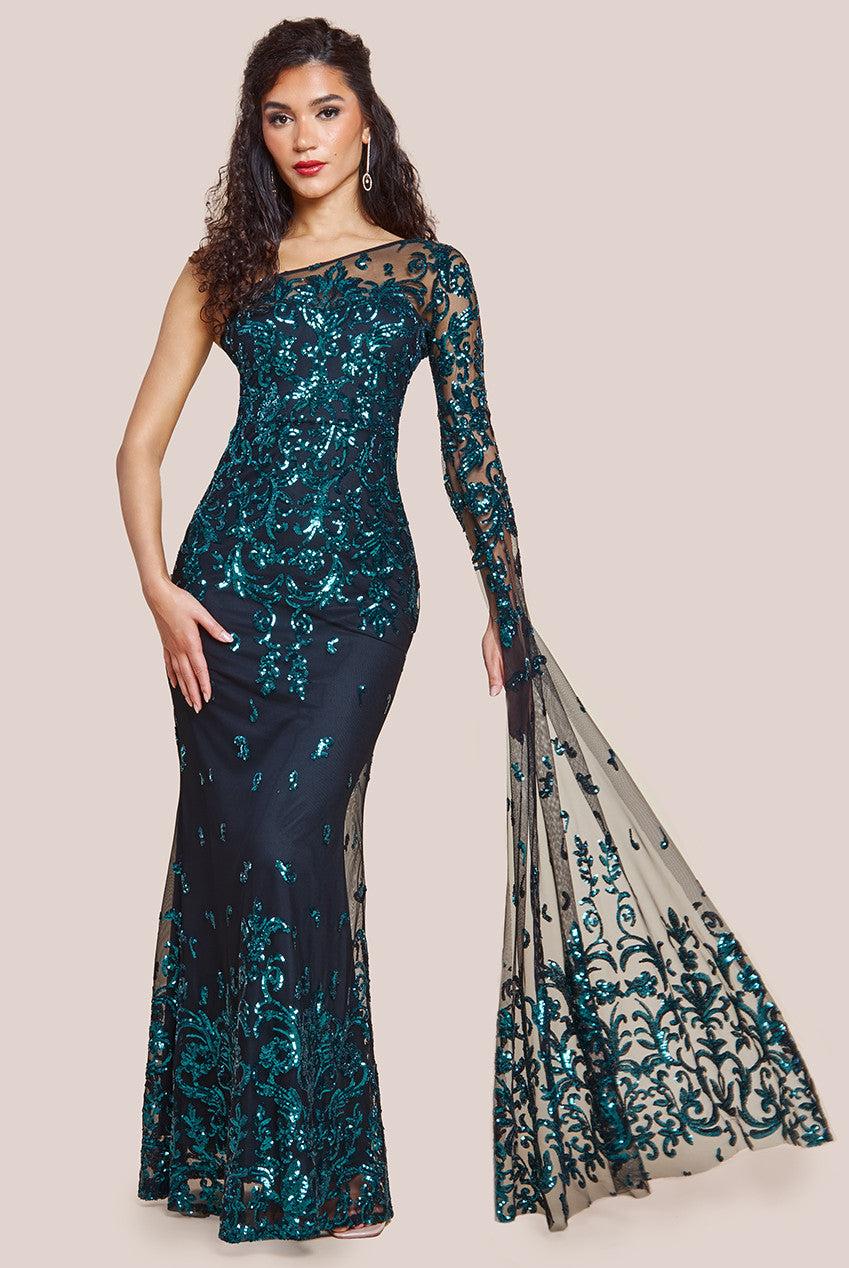 Goddiva Modesty Sequin Evening Maxi Dress - Black