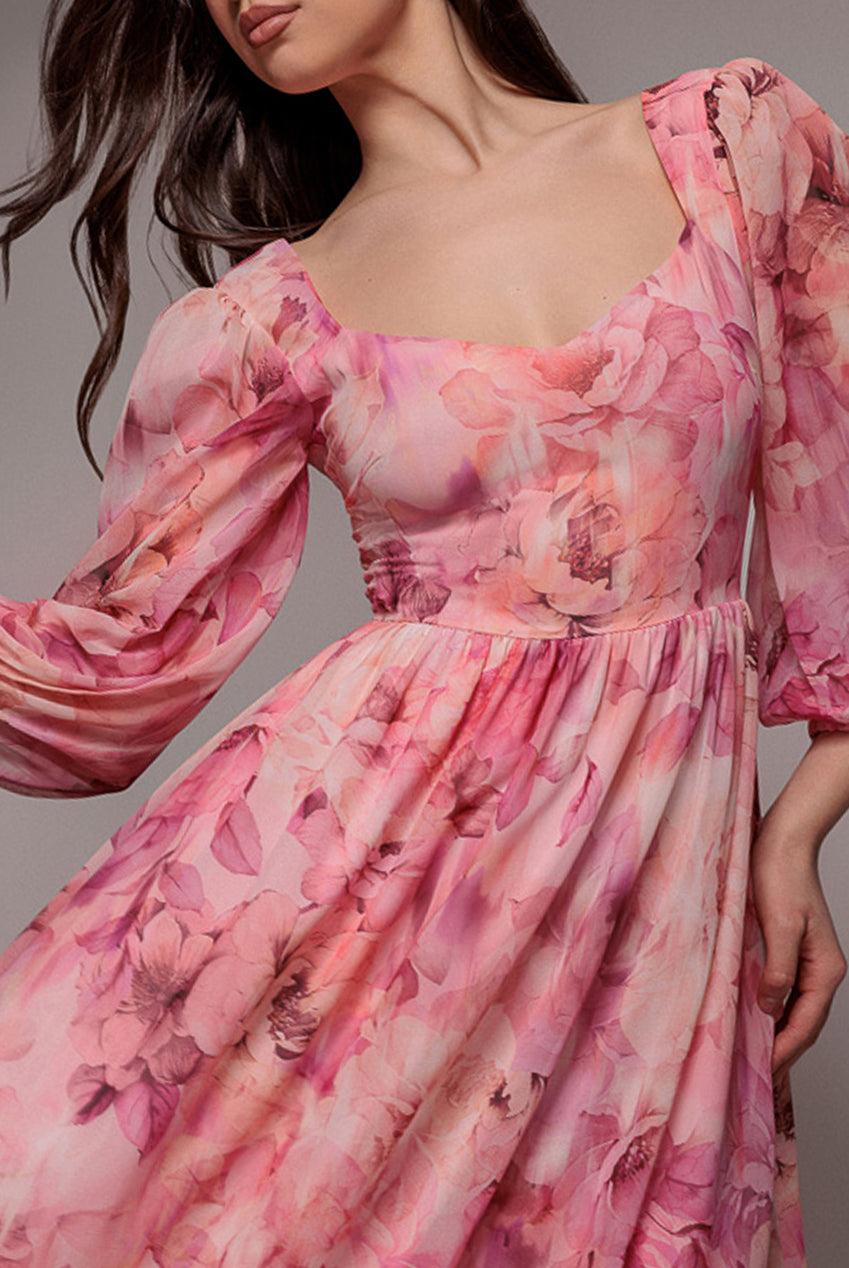 open lace back dress Pink Tulle Strapless A-Line Prom Dress with Balloon Sleeves main image 1