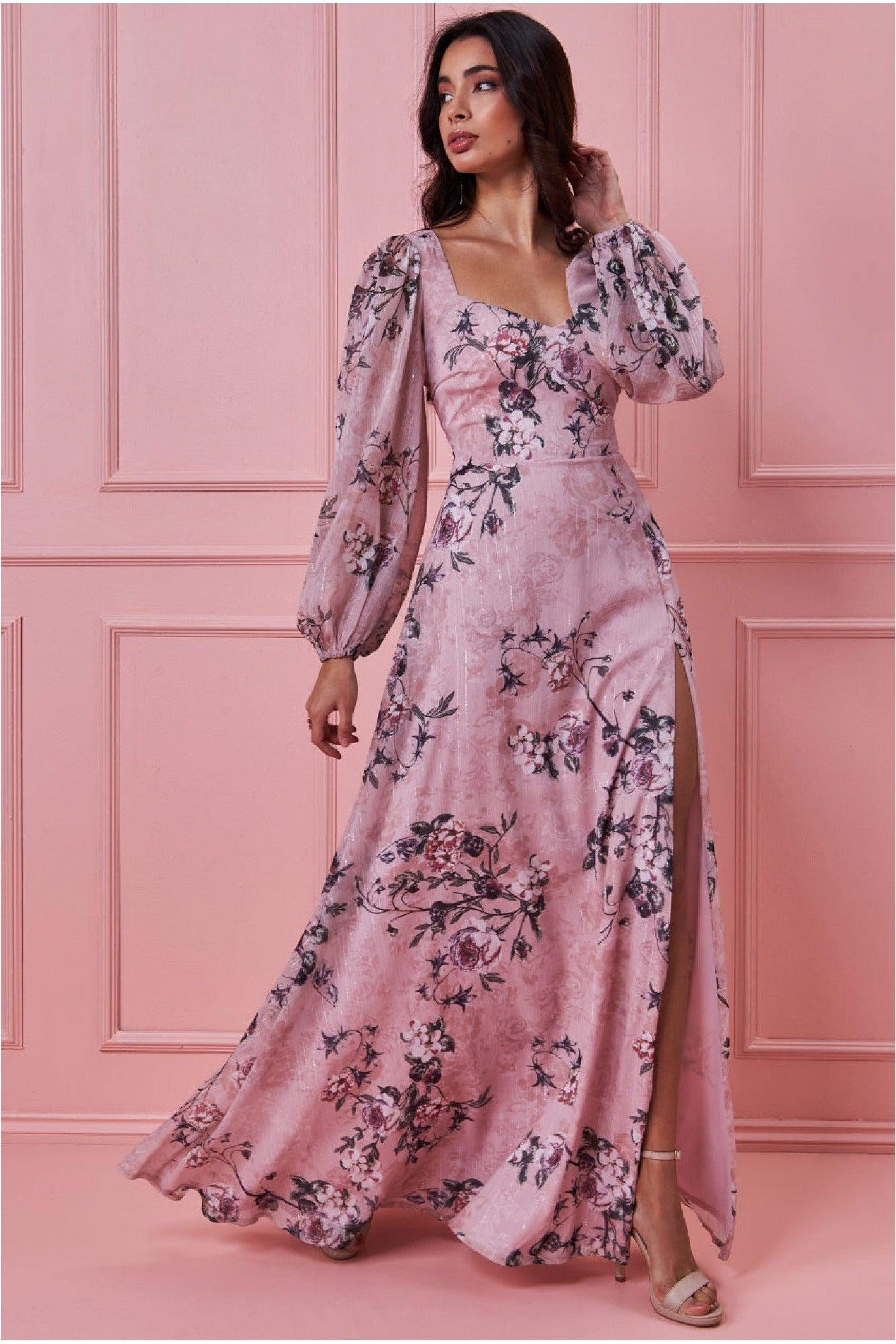Goddiva Long Sleeve Floral Maxi With Split in Pink | Lyst