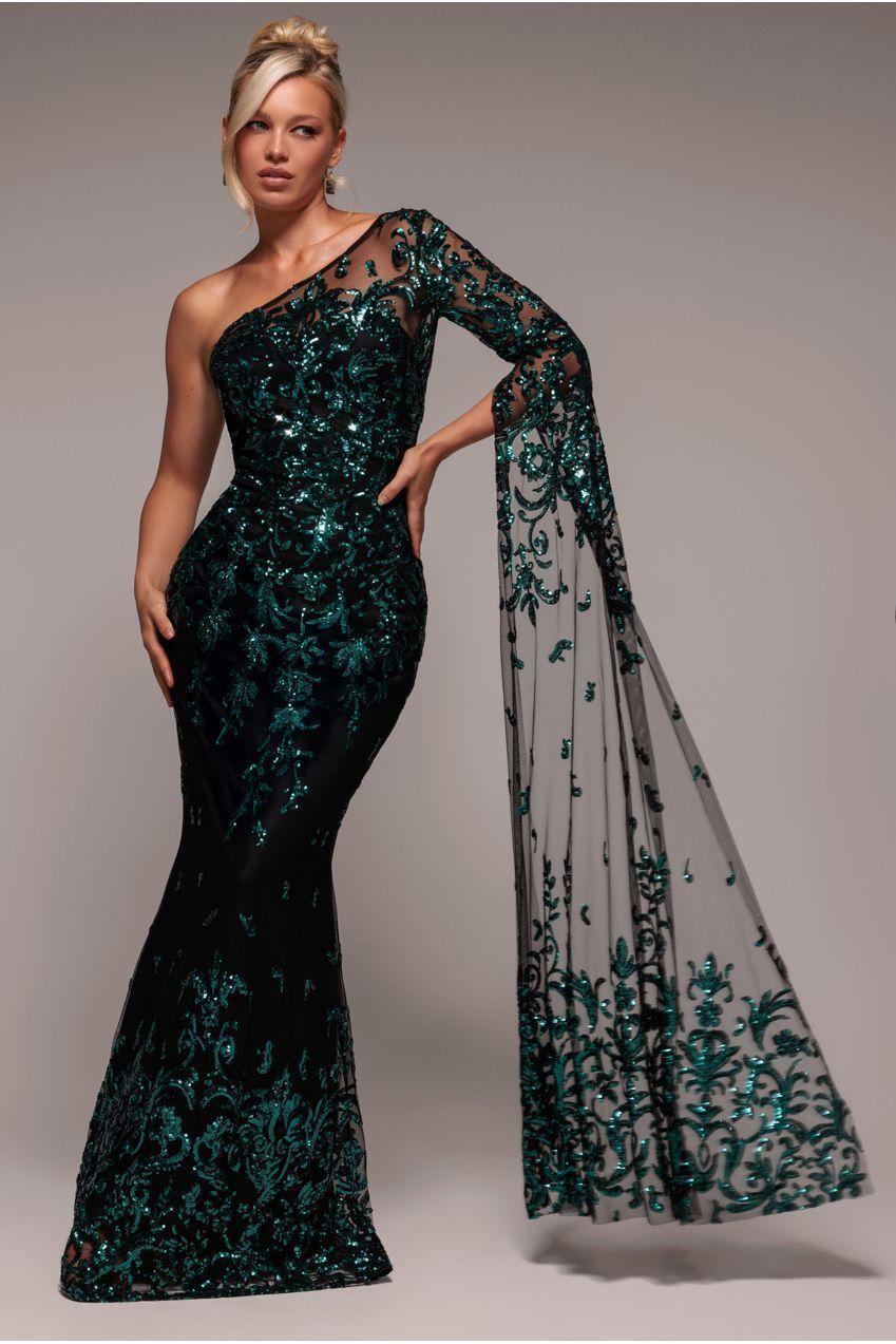 goddiva sequin cowl one shoulder maxi dress reviews Goddiva One Shoulder Sequin Maxi Dress in Green