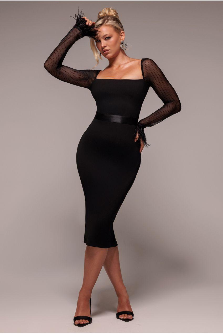 black dobby mesh ruffle skater dress Goddiva Feather Sleeve Bodycon Midi in Size:46 and a midi length IDOE Black And Purple One
