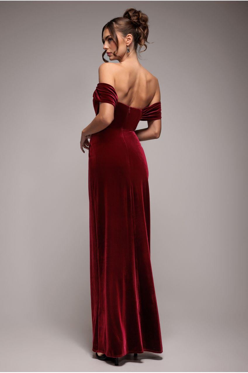 Goddiva Draped Shoulder Velvet Corset Maxi Dress in Red | Lyst UK
