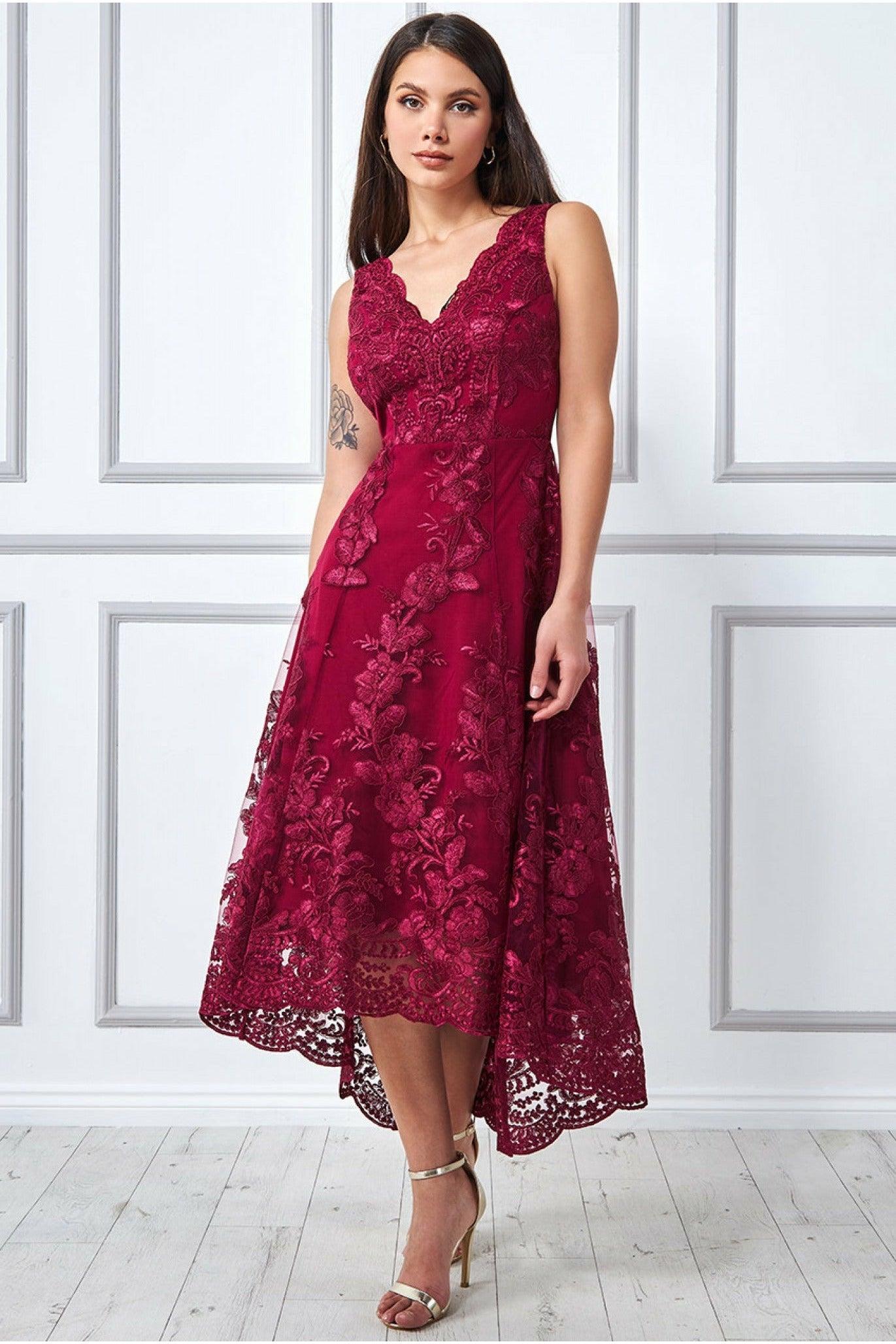 New Goddiva Scalloped Lace Neckline Fitted Midi Cocktail Eve Party Dress 8-16