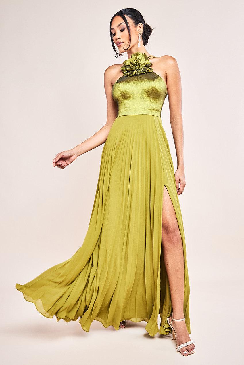 Goddiva Pleated Chiffon Corsage Halter Strappy Maxi Dress in Yellow Lyst