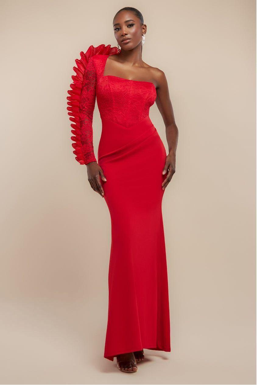 Goddiva One Shoulder Organza Fan Detail Lace Bodice Maxi Dress in Red | Lyst