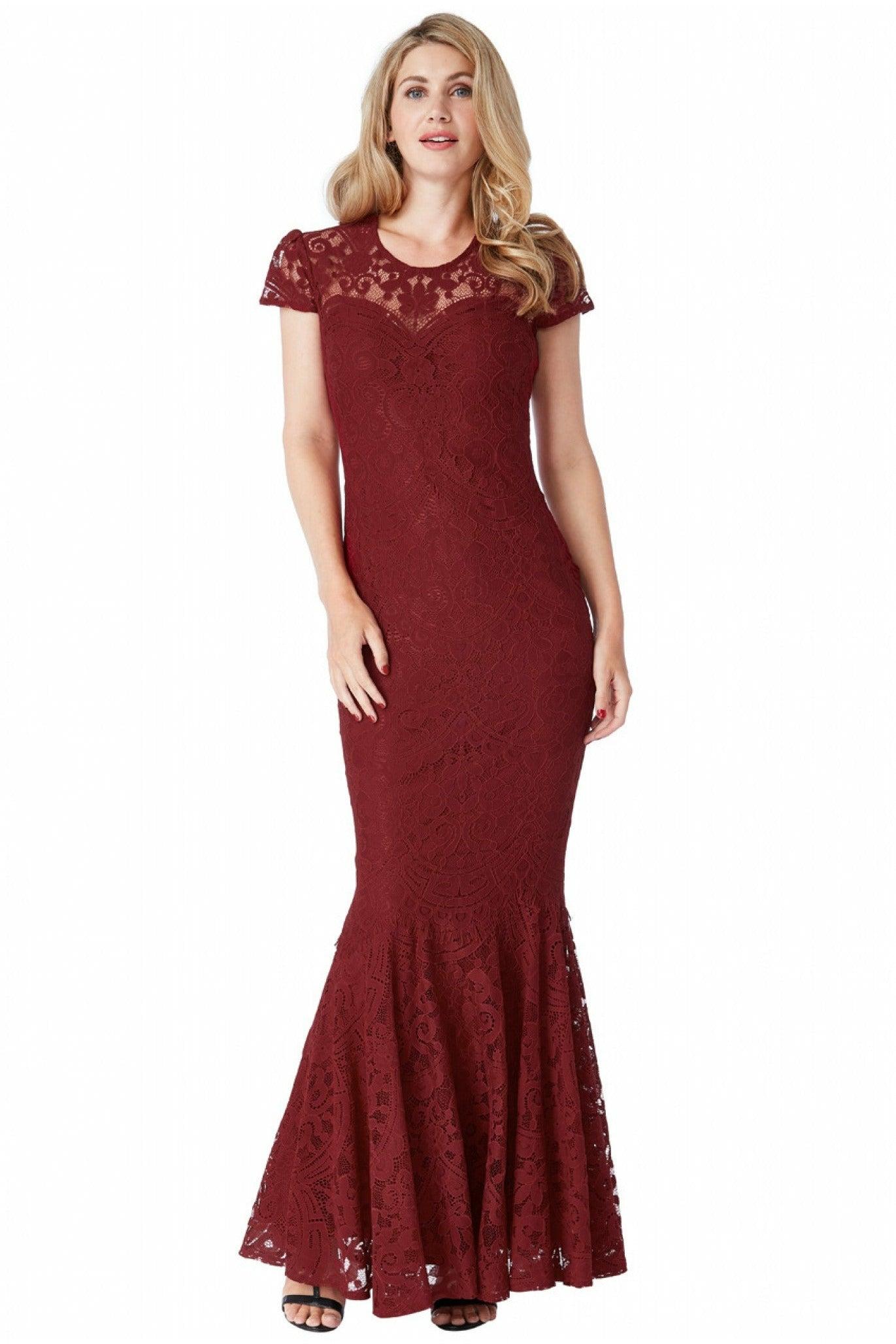 Js collections scalloped cheap lace cap sleeve gown