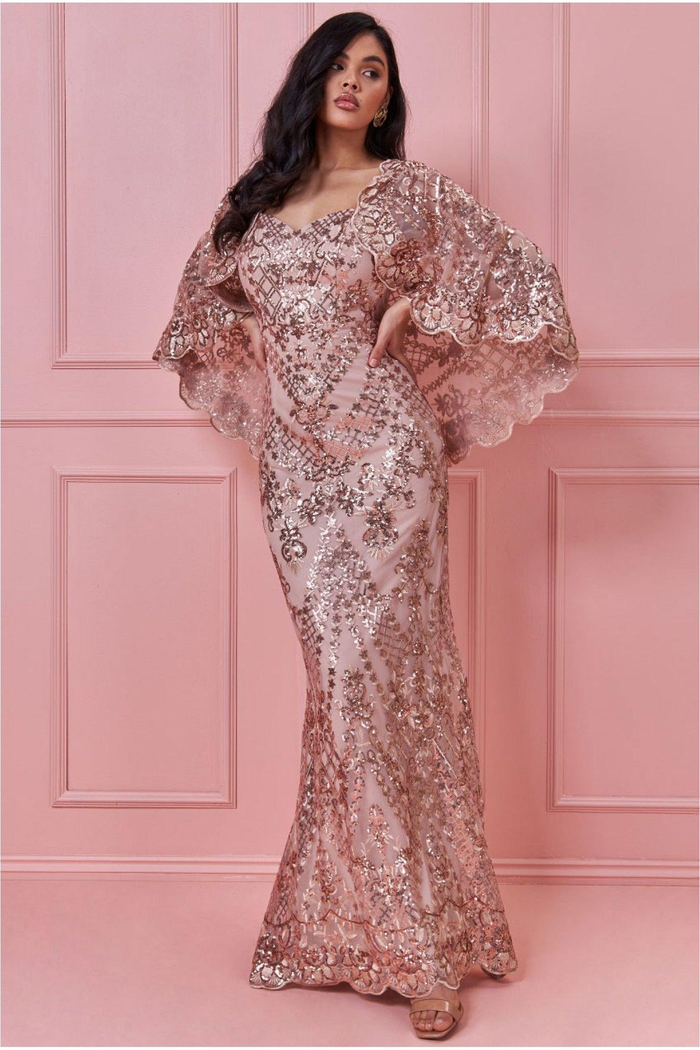 Goddiva Lace Cape Shoulder Maxi Dress in Pink | Lyst
