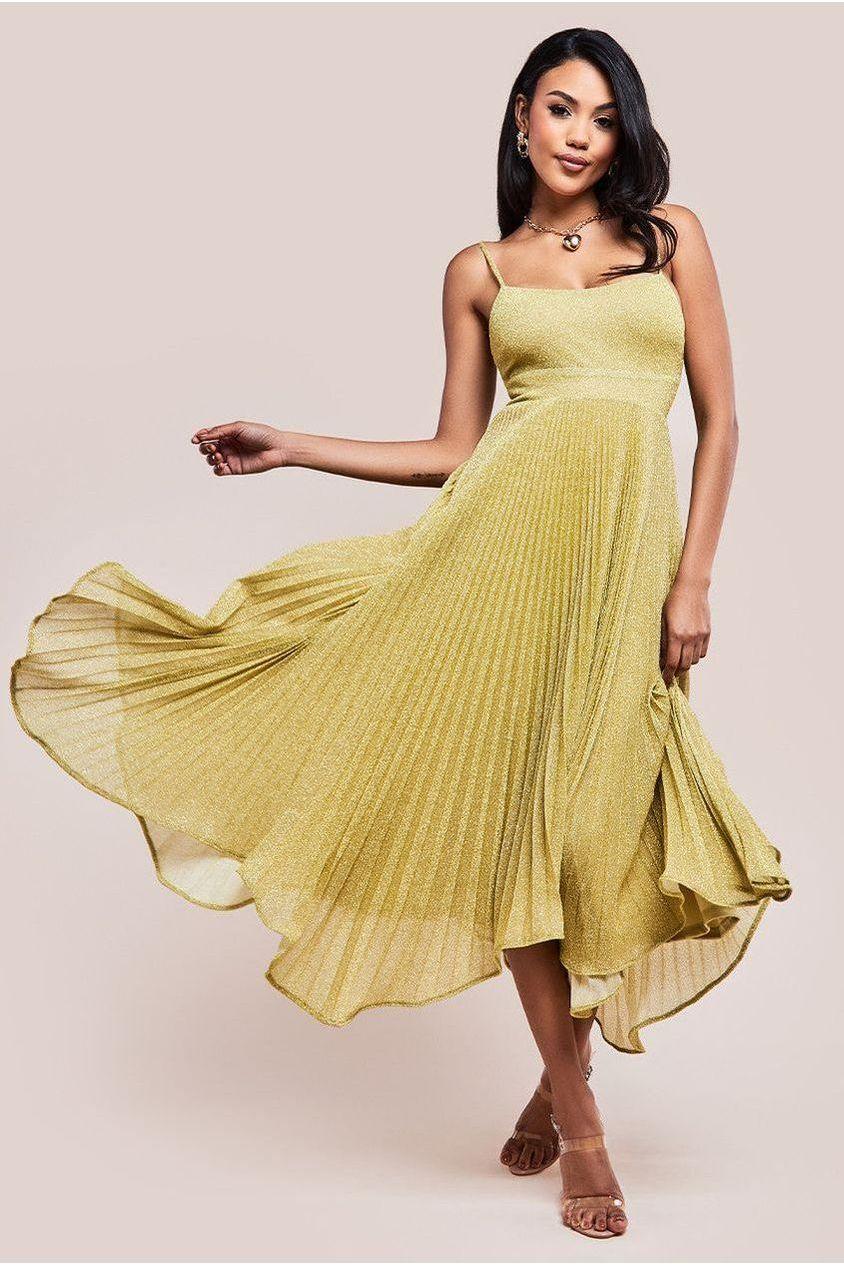 Goddiva Pleated Lurex Midi Dress Tie Back in Yellow | Lyst