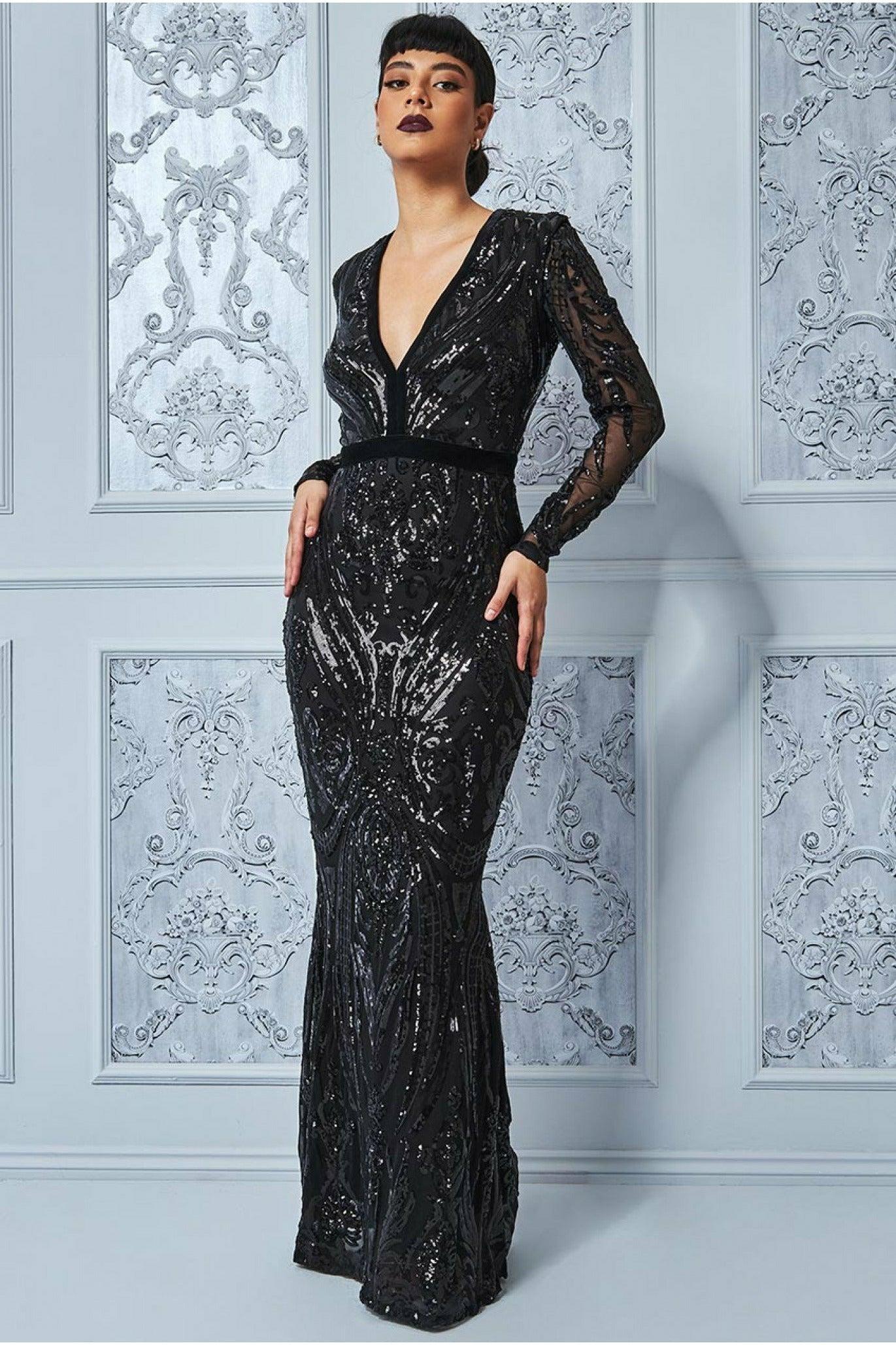Goddiva Deep V Neck Sequin Embroidered Maxi Dress – in Black | Lyst