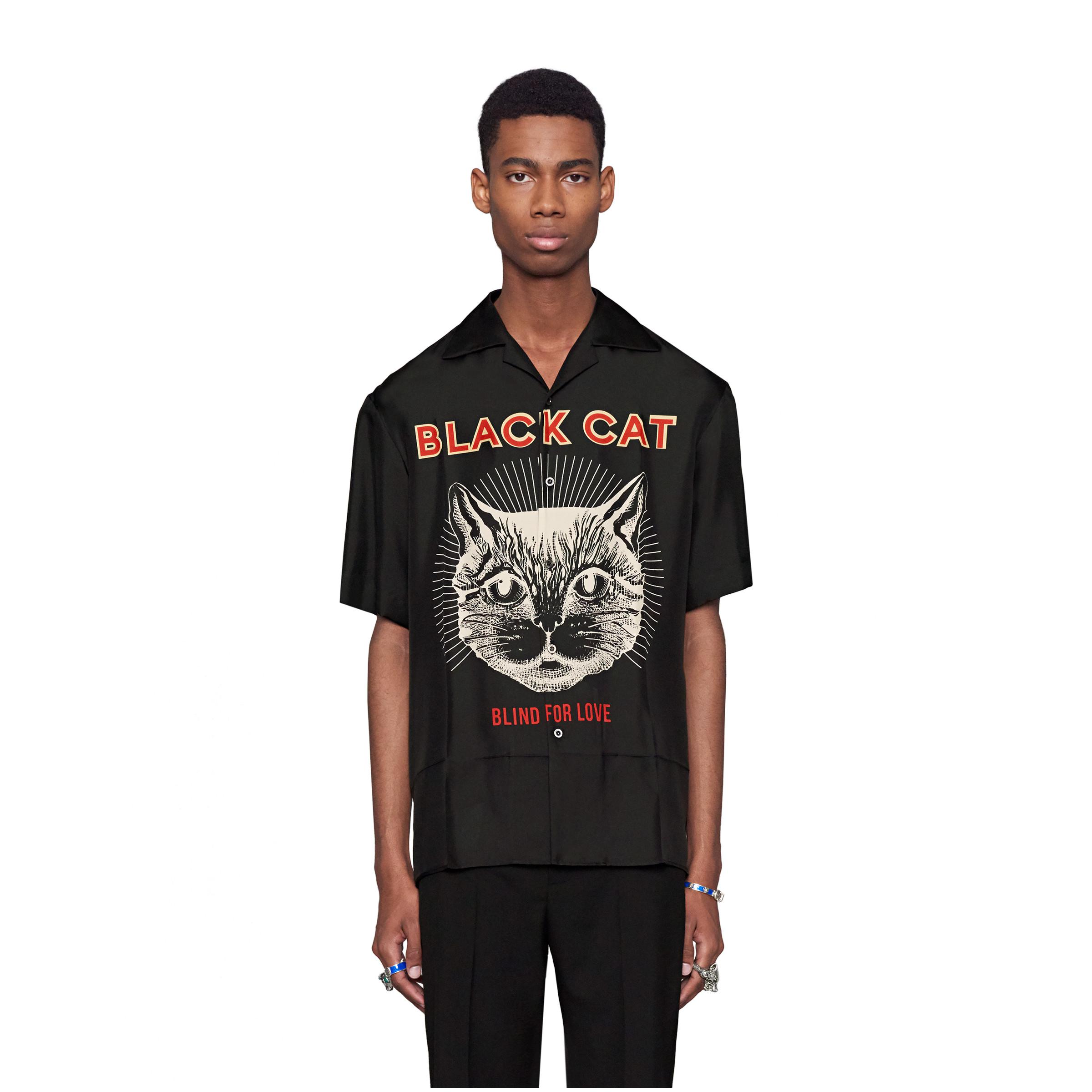 Black Cat Print Silk Bowling Shirt 