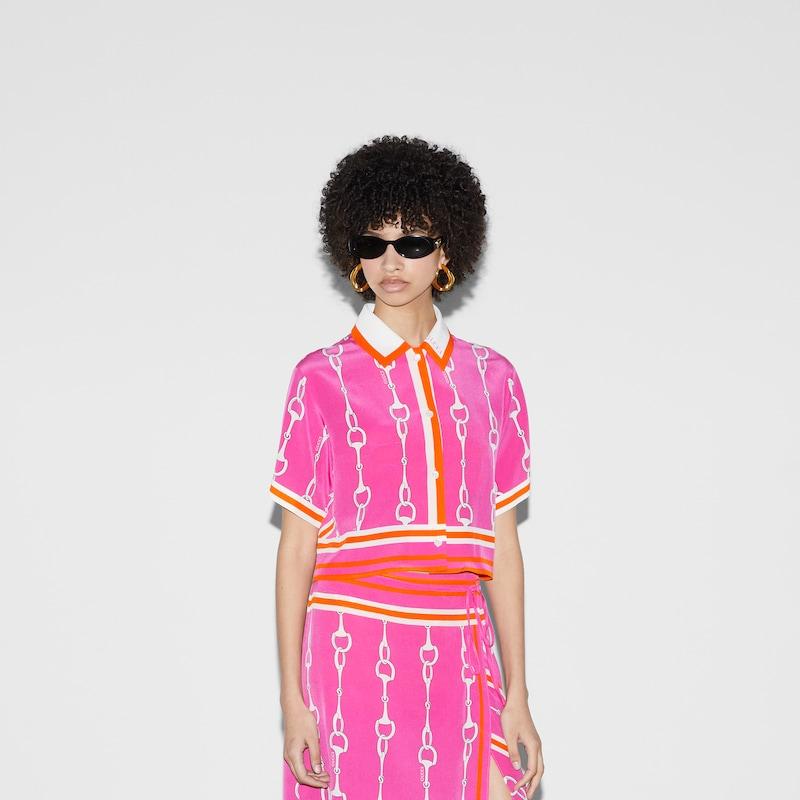 【送料&関税込】Gucci Horsebit Print Skirt GUCCI Tie-neck horsebit-embellished denim shirt | NET-A-PORTER