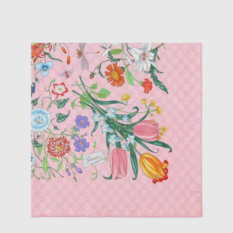 Gucci logo rose print silk scarf deals