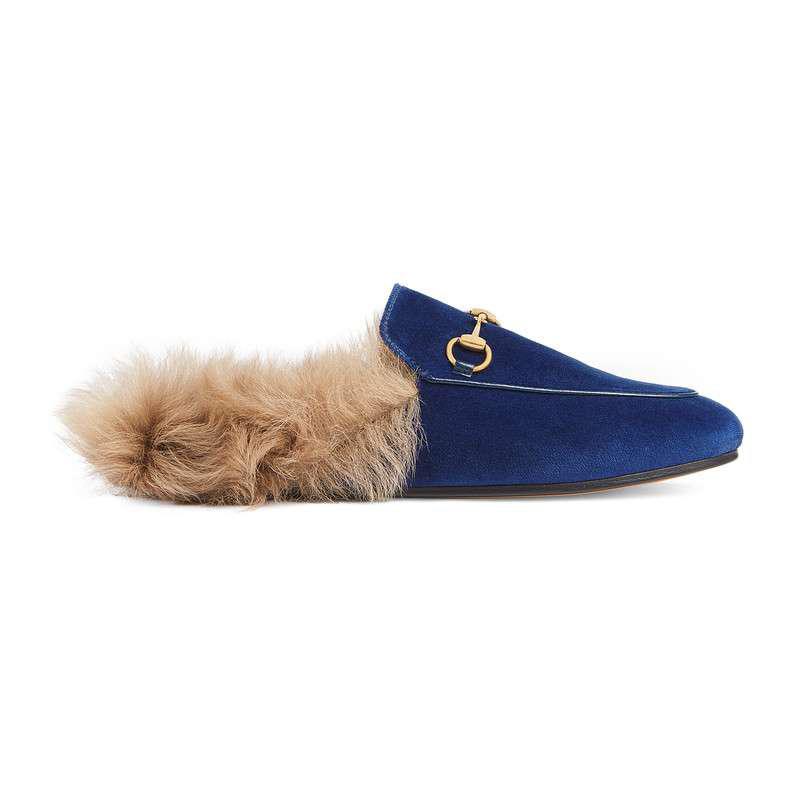 Gucci Princetown Fur-lined Velvet Slippers in Blue | Lyst