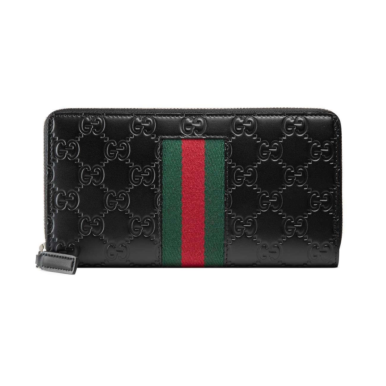 Gucci Leather Signature Web Zip Around Wallet in Black for Men - Lyst
