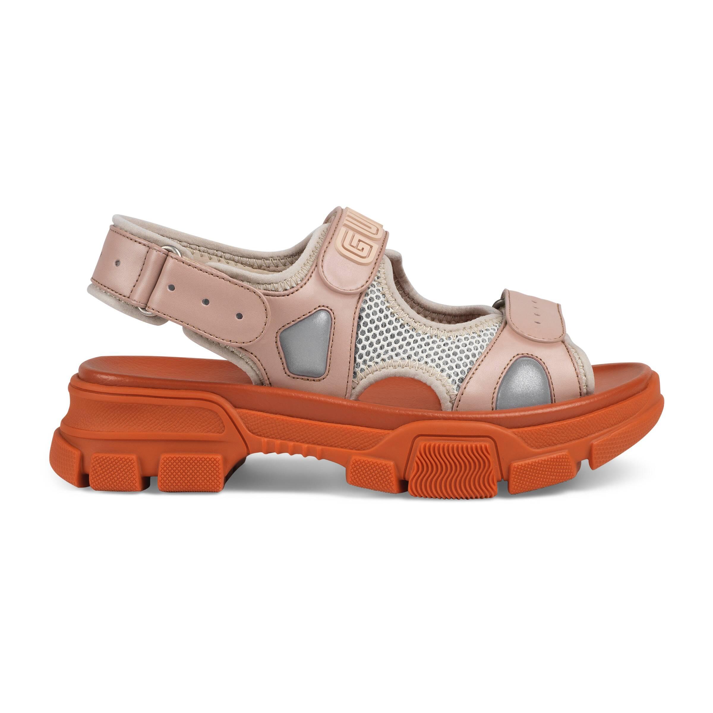 Gucci Leather And Mesh Sandal in Pink | Lyst
