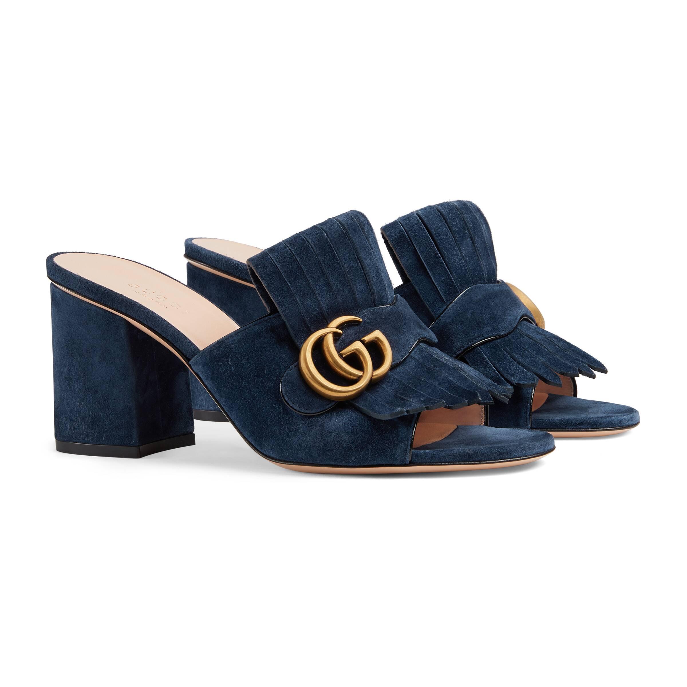 Gucci Suede Mid-heel Slide With Double G in Navy (Blue) - Lyst