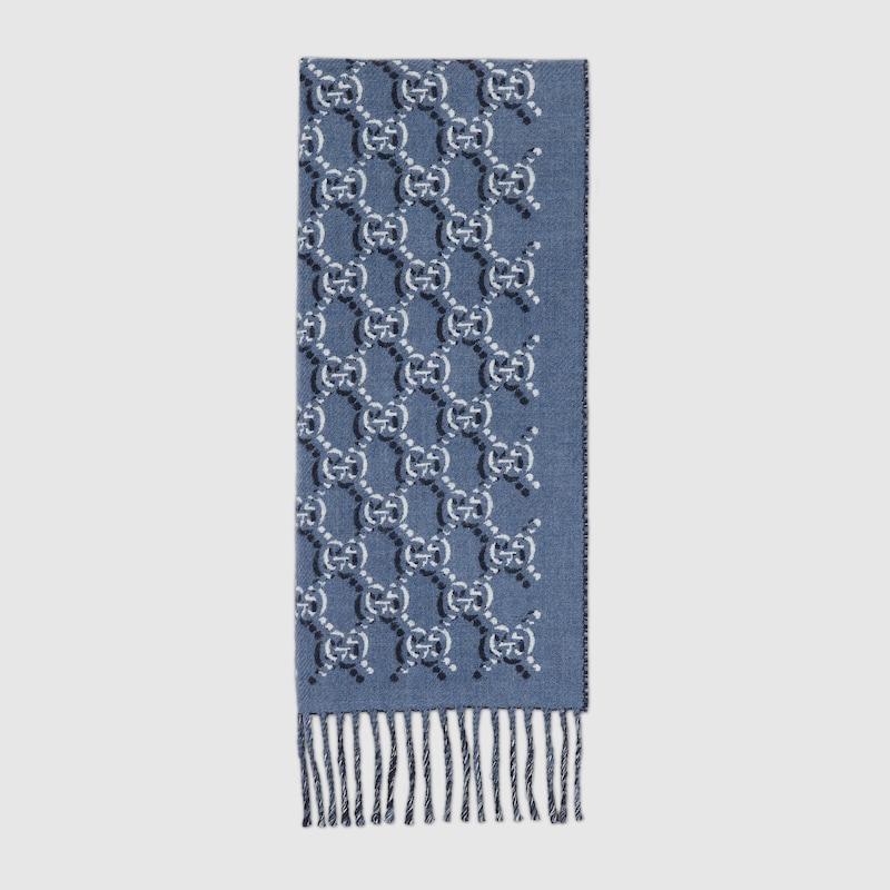 Gucci メンズ Ggシャドウ ウール スカーフ, ブルー, ウール スカーフ  