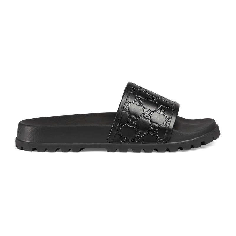 Gucci Leather Signature Slide Sandal in Black for Men - Lyst