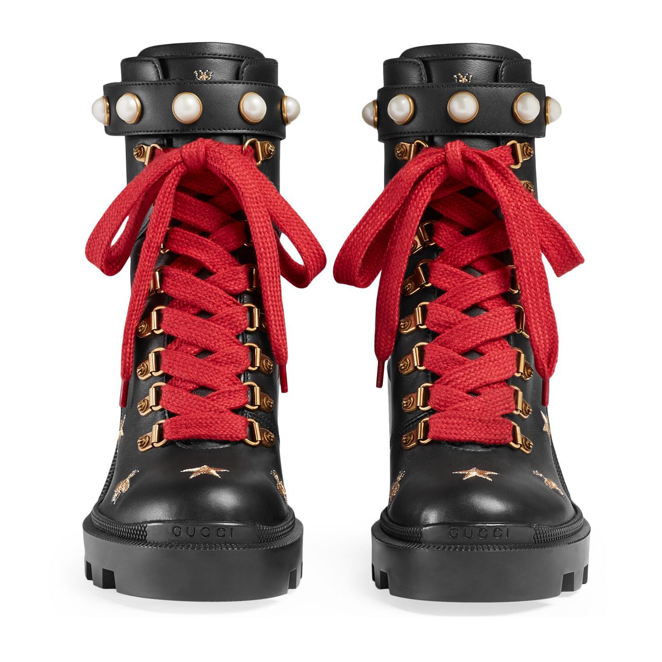 gucci leather embroidered ankle boot