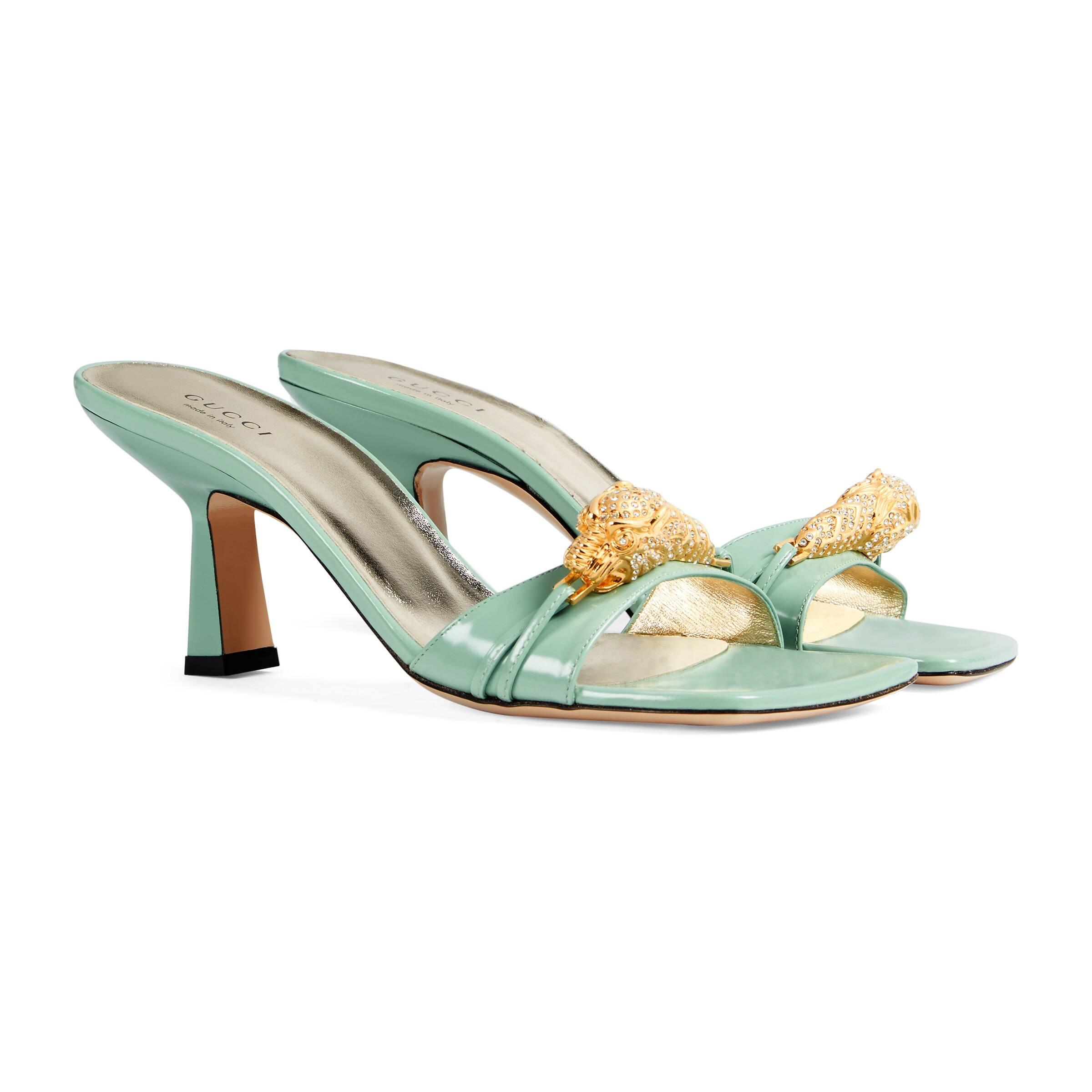 Gucci Leather Dora Tiger Sandals 75 in Light Green (Green) | Lyst
