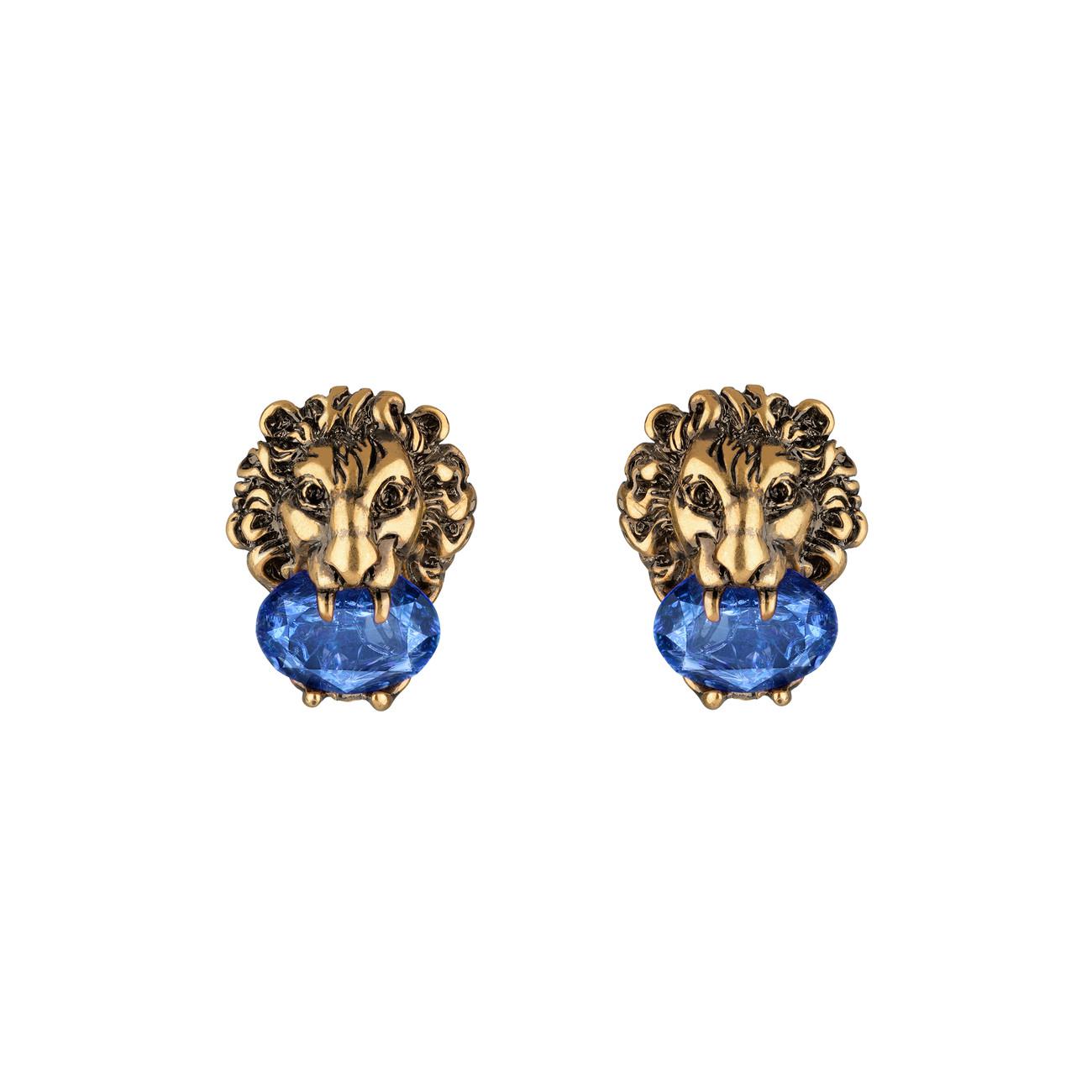Gucci Lion Head Earrings With Crystals in Blue | Lyst