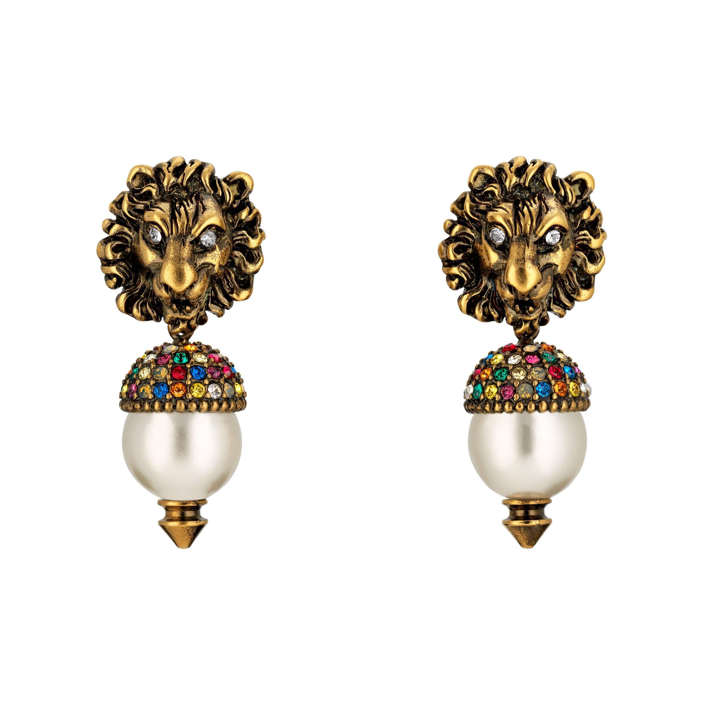 Gucci Lion Head Earrings With Pearl | Lyst