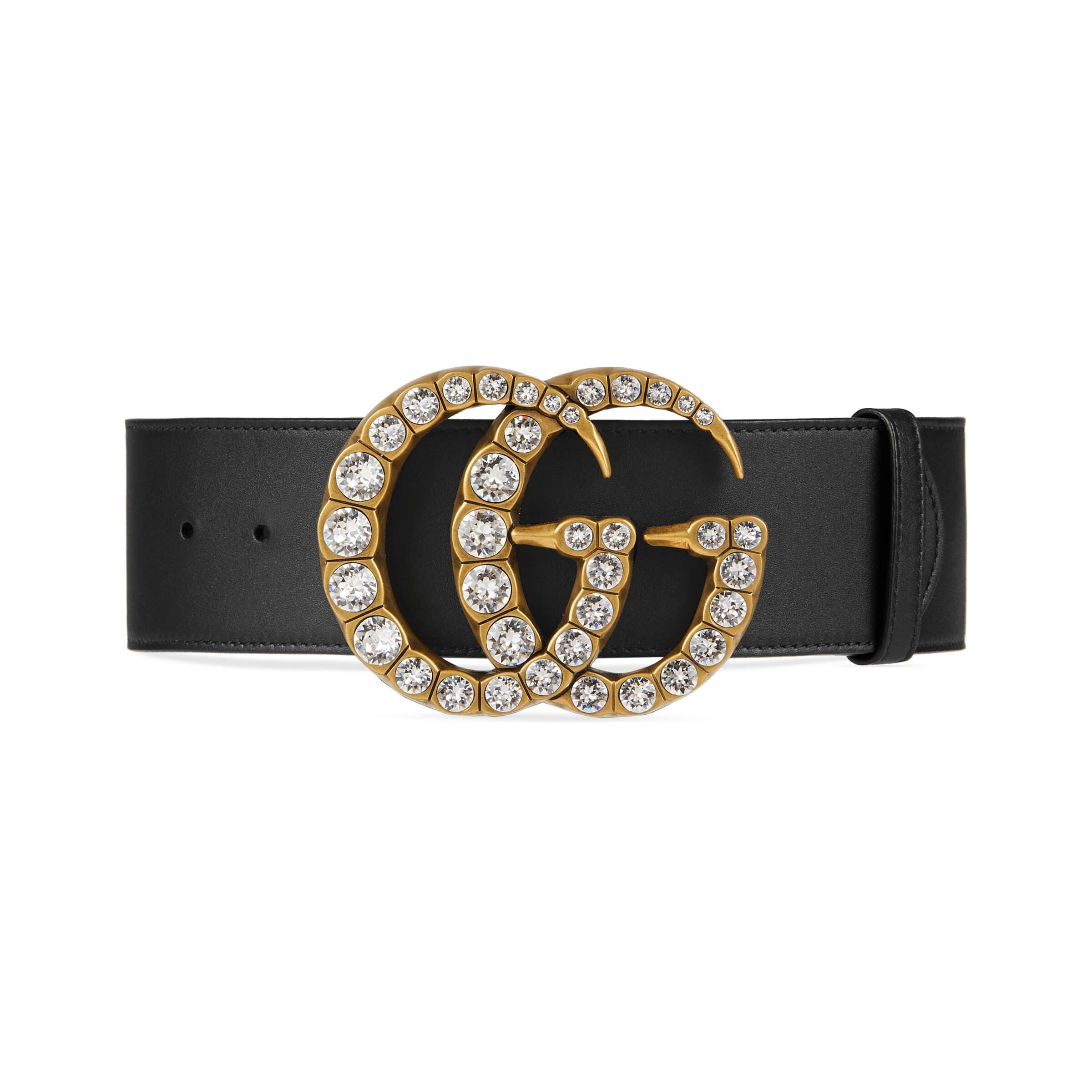 Gucci Leather Belt With Crystal Double G Buckle in Black | Lyst