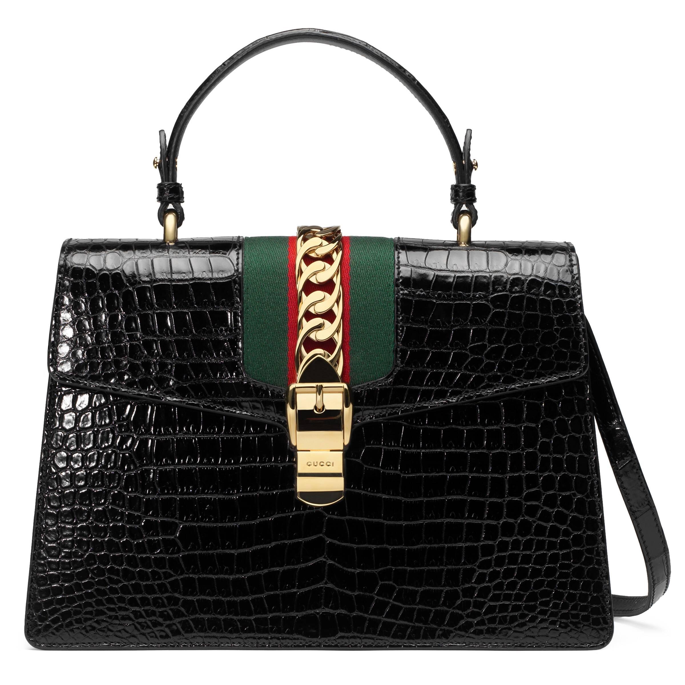 Gucci Synthetic Sylvie Medium Crocodile Top Handle Bag in Black - Lyst