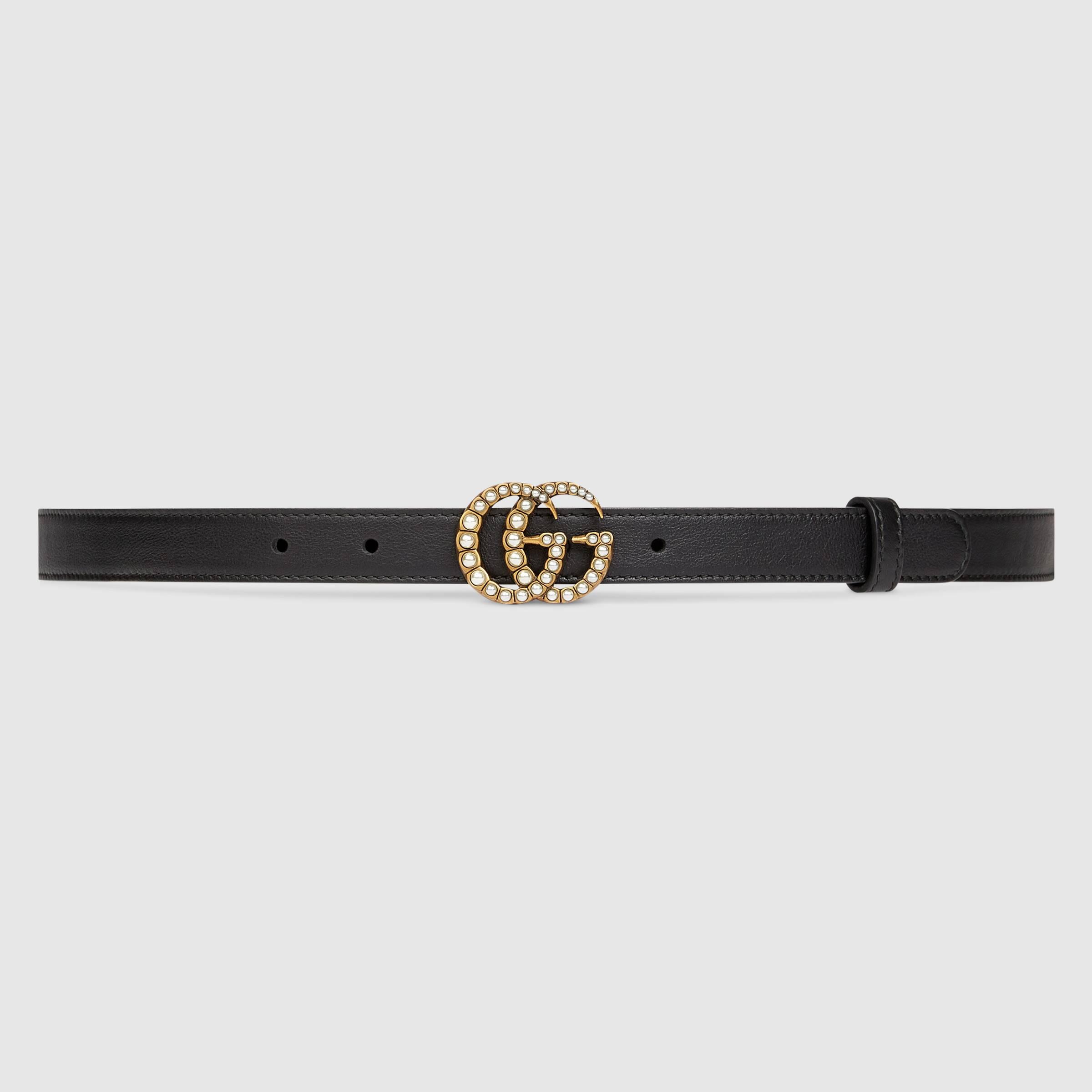 dam leer Peer Gucci Leather Belt With Pearl Double G Buckle in Black | Lyst