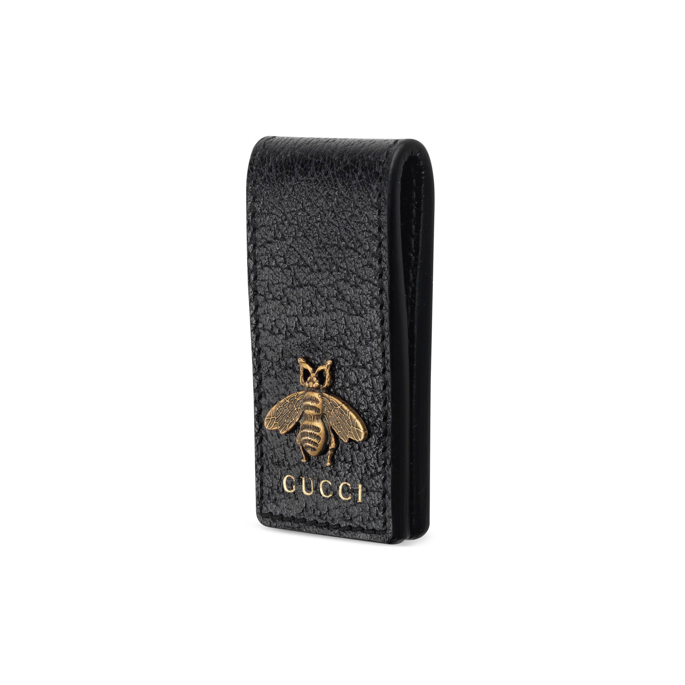 Authentic GUCCI Money Bill Clip Gold Bee Black Leather Made In Italy with  Case