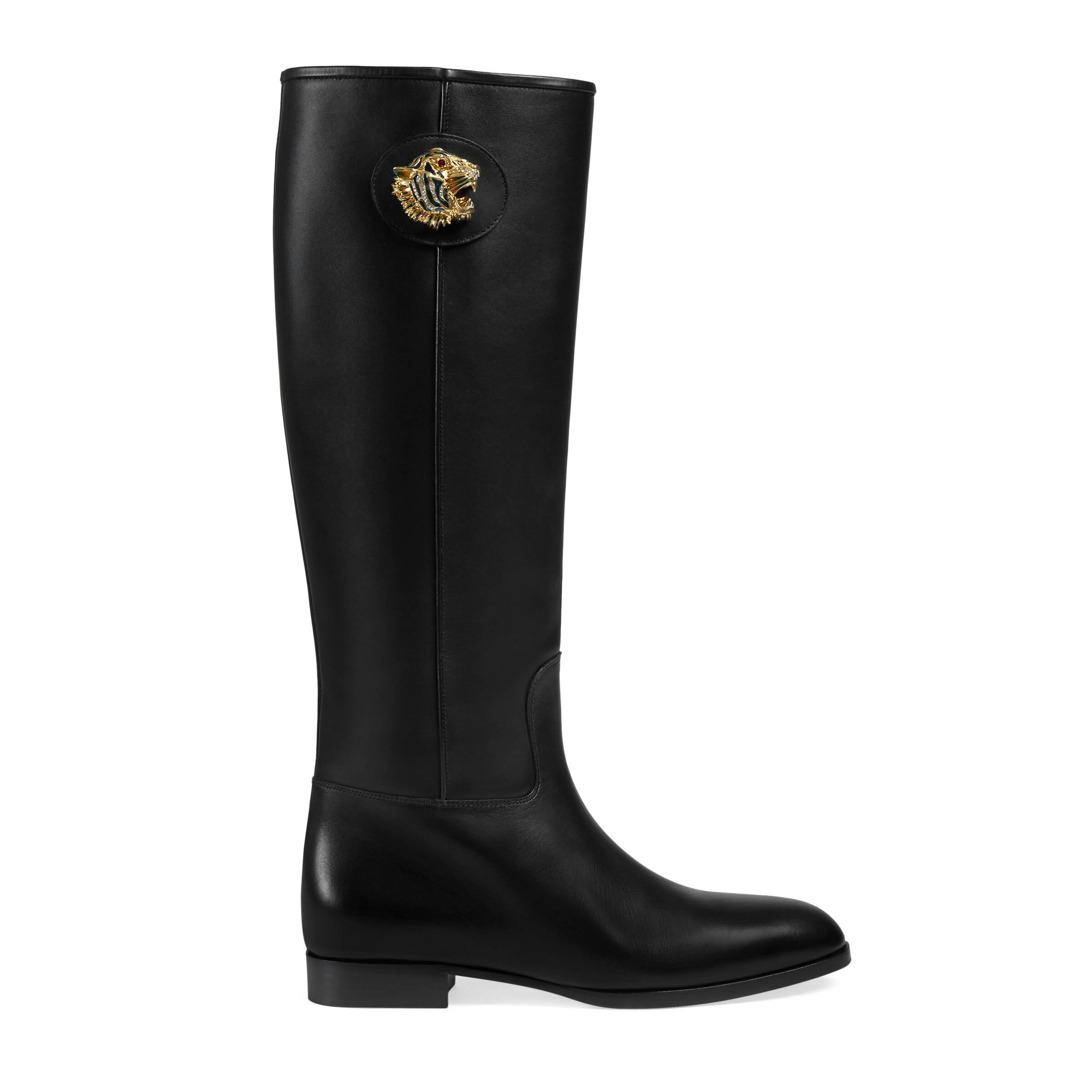 Gucci Leather Boot With Tiger Head in Black - Lyst