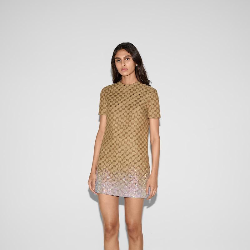 25新作 GUCCI エンブロイダリー GGキャンバス ミニドレス Gg Canvas Gucci Short Dresses Gucci GG Mini Dress In