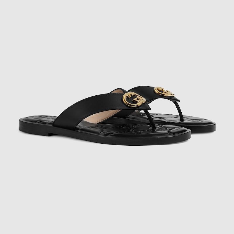 Gucci Thong Black Double G Leather Thong Sandals Thong Gucci