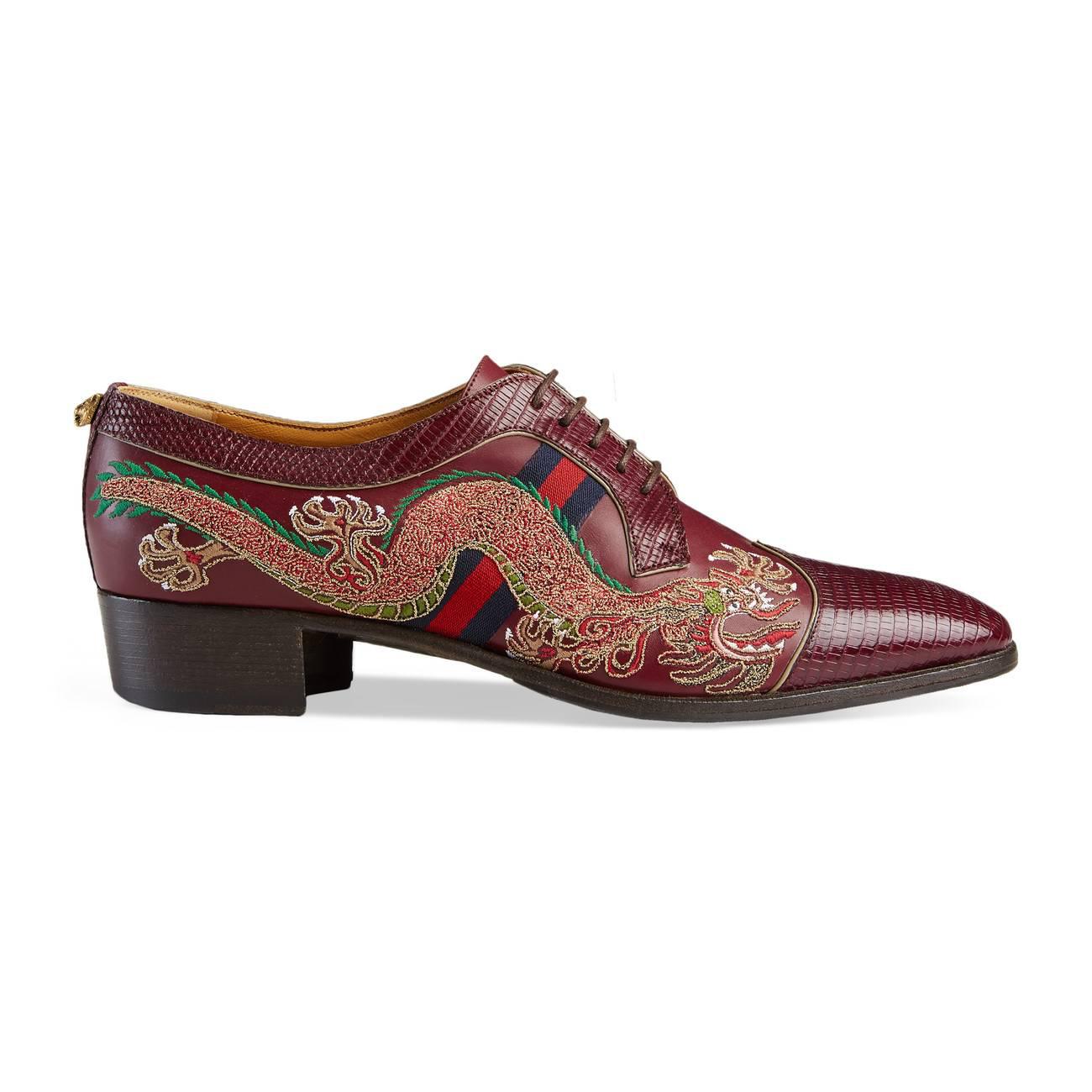Gucci Leather Laceup Shoe With Dragon in Blue for Men Lyst