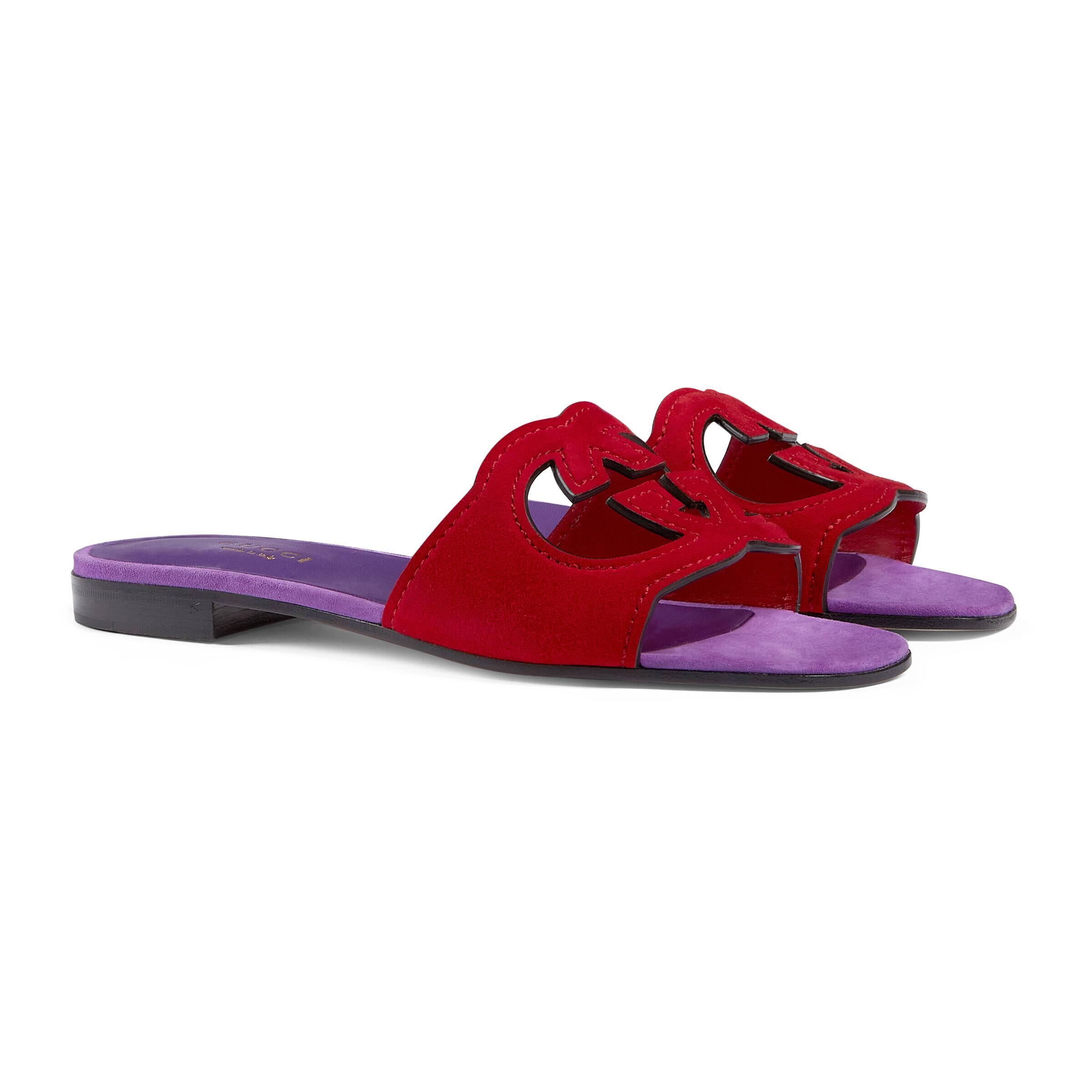 Gucci Suede Cut-out Interlocking G Sandals in Red | Lyst
