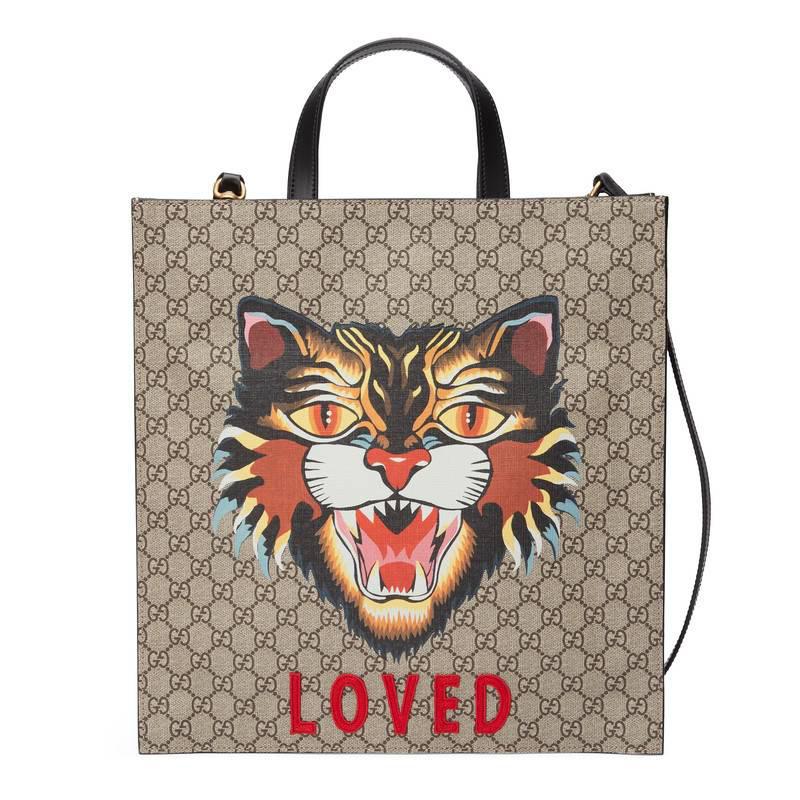gucci gg supreme tote with embroidered angry cat