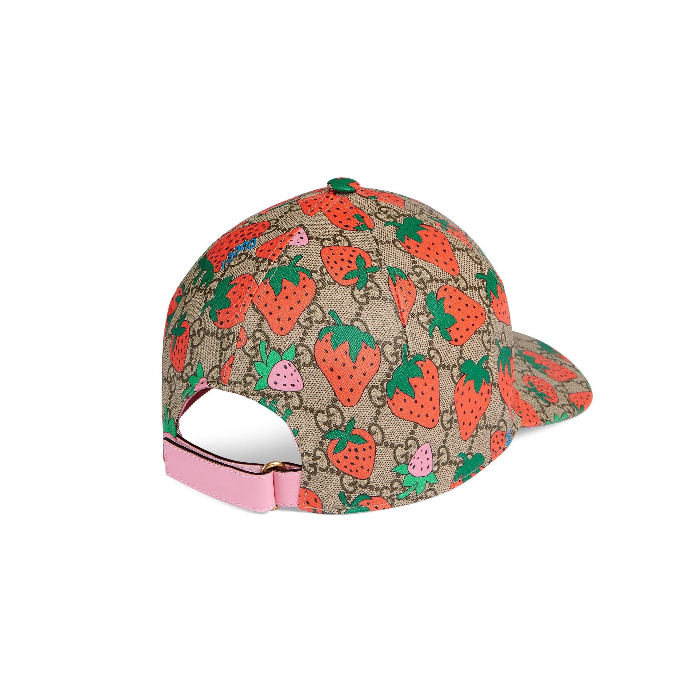 Gucci GG Supreme Monogram Strawberry Baseball Hat In Beige