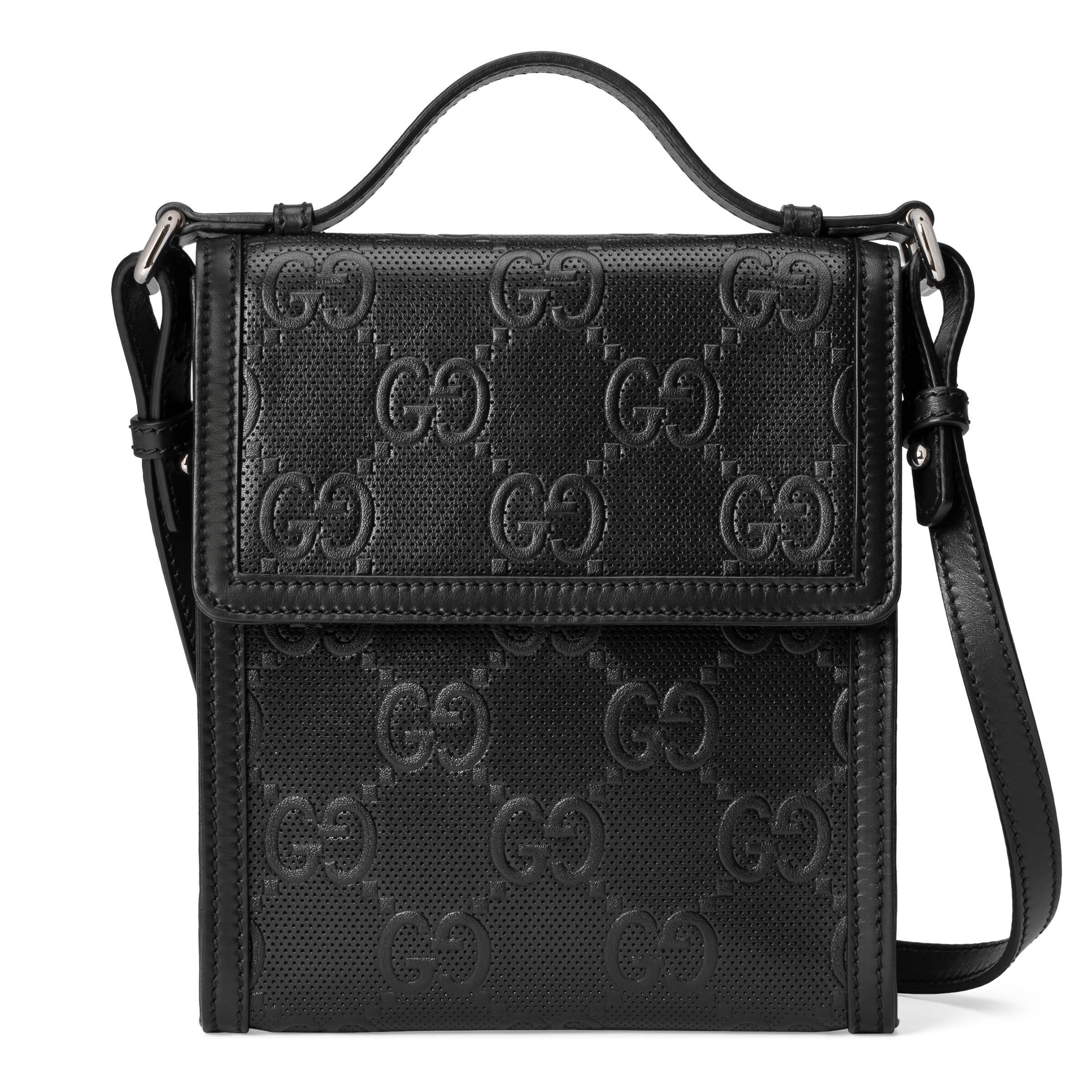 Gucci Black GG Branded Leather Messenger Bag for Men | Lyst