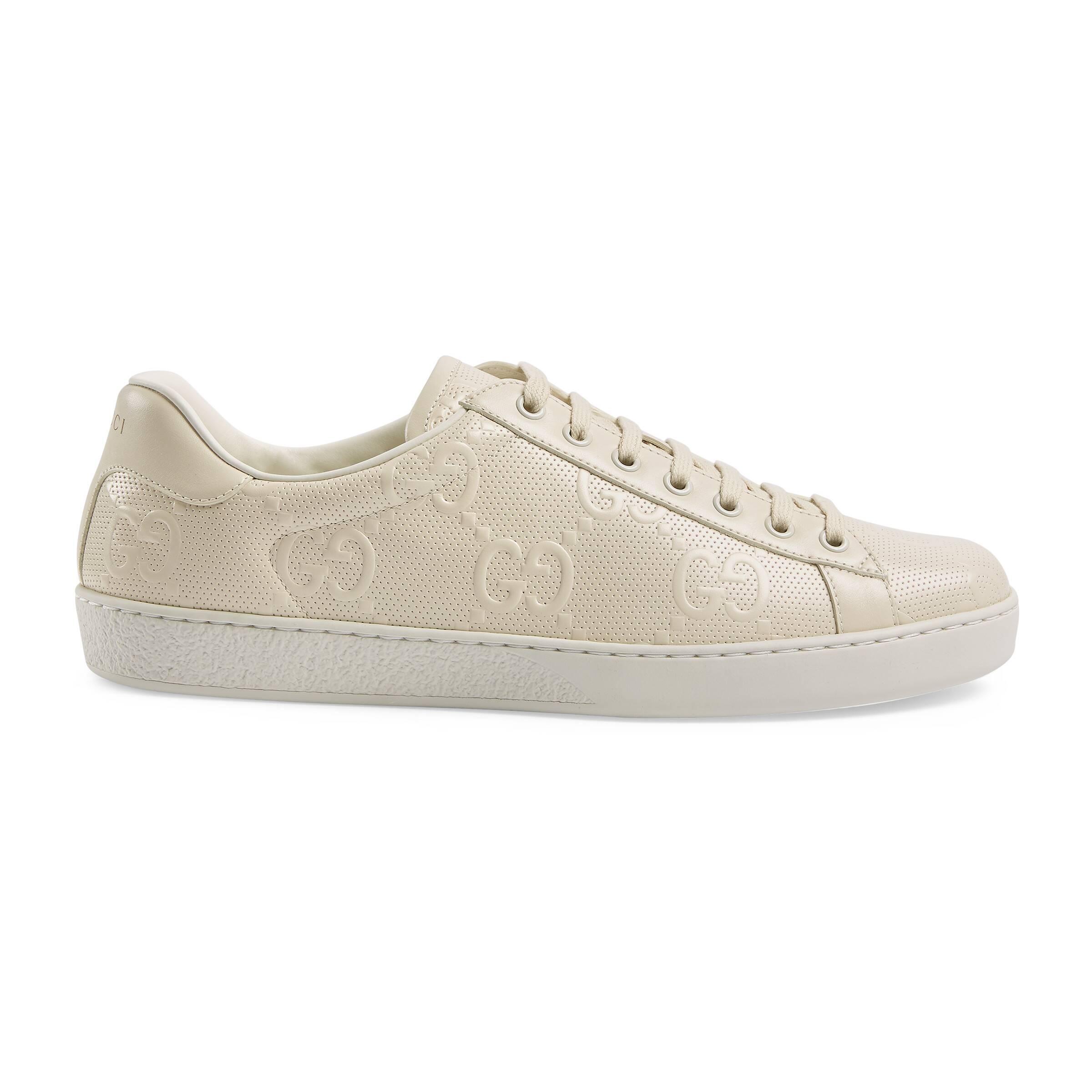 Gucci Leather Ace GG Embossed Sneaker in White for Men - Lyst
