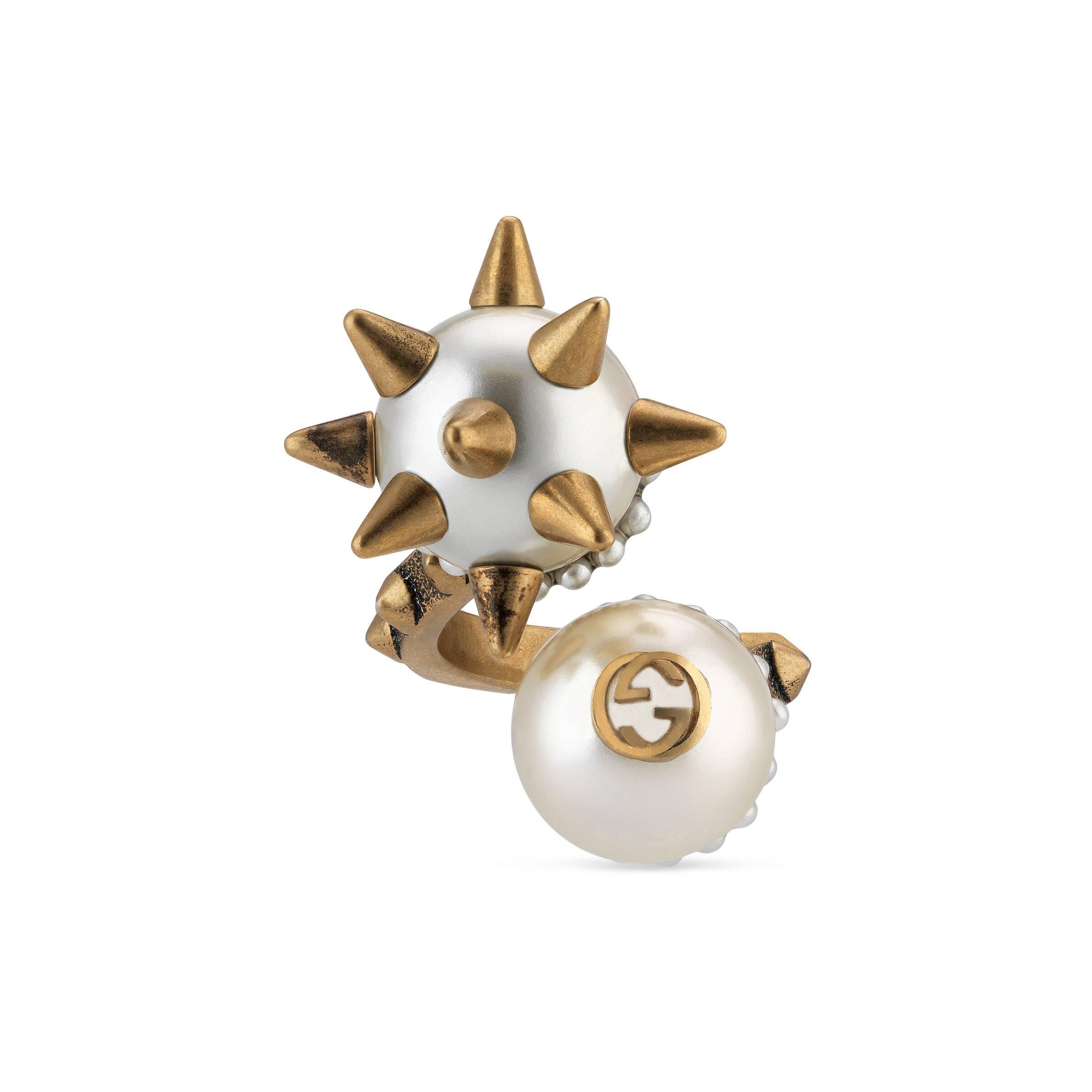 Gucci Ring With Double Glass Pearl in Metallic | Lyst