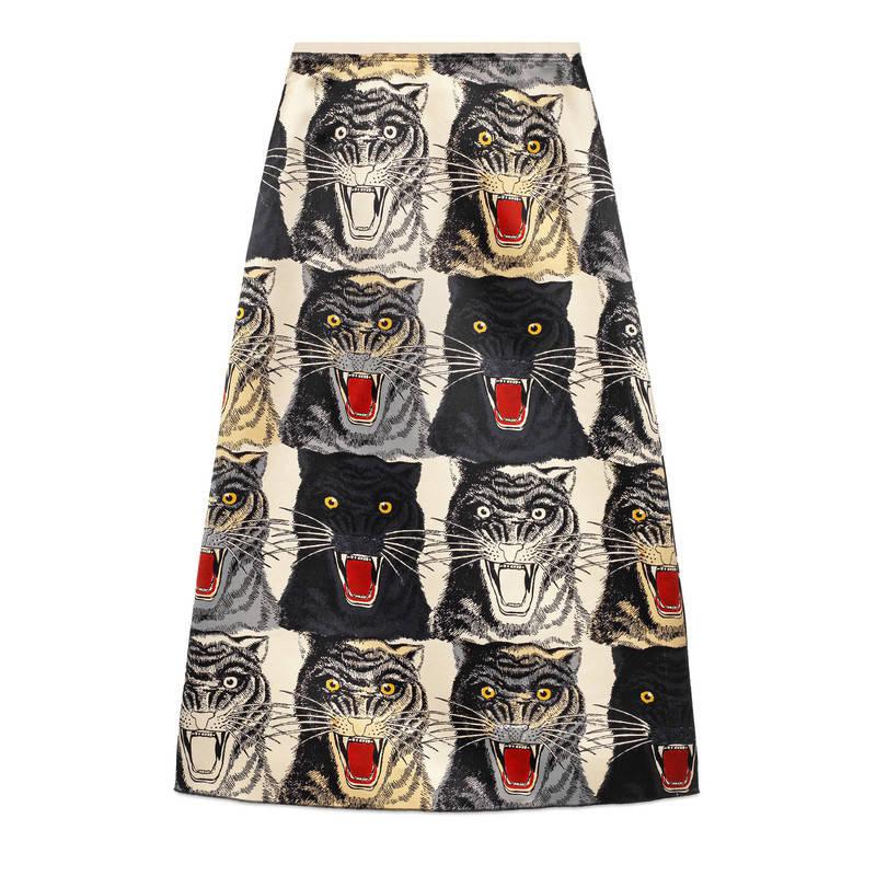 Gucci Tiger Face Silk Skirt in Beige 