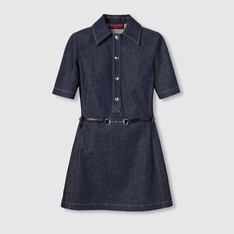 gucci denim mini dress GUCCI Horsebit-Embellished Denim Mini Dress