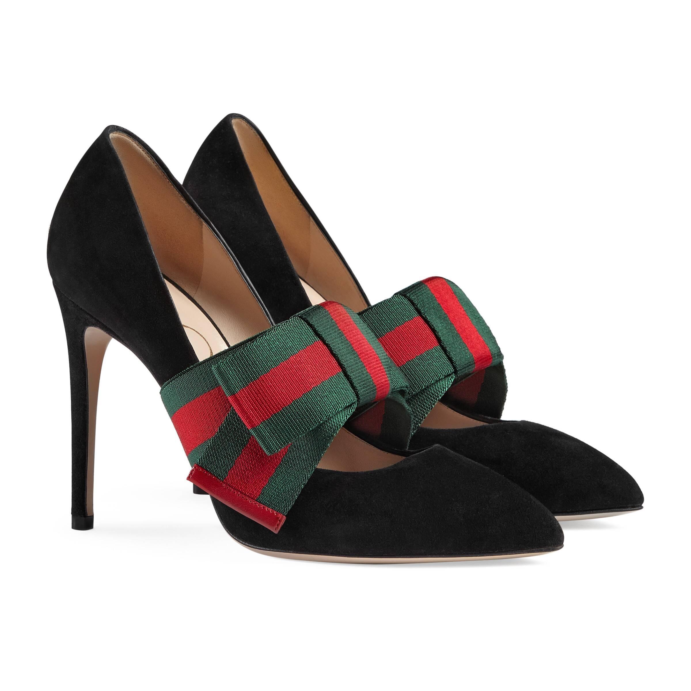 Gucci Suede Pump With Removable Web Bow in Black | Lyst