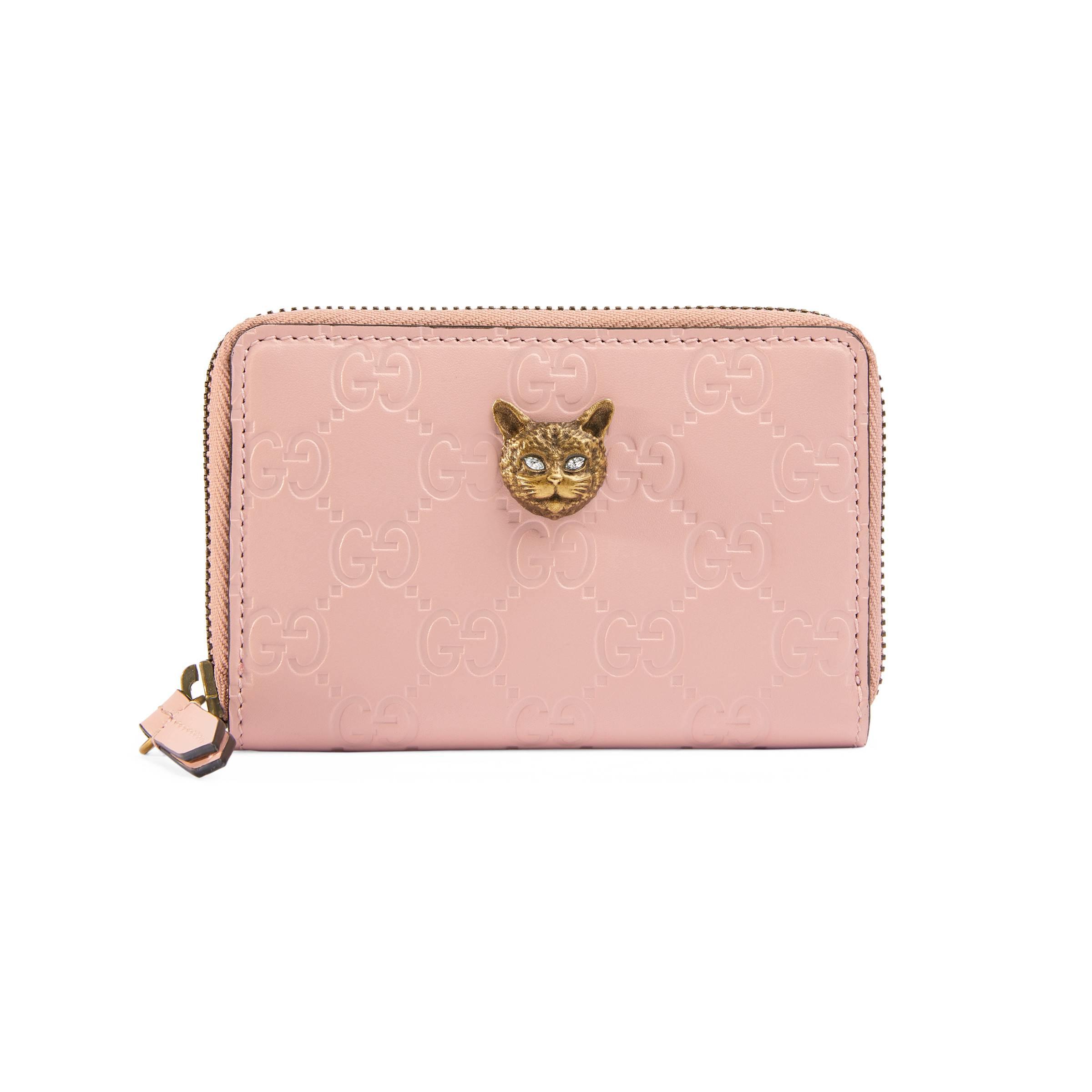 Porte Cartes Signature A Motif Chat Cuir Gucci En Coloris Rose Lyst